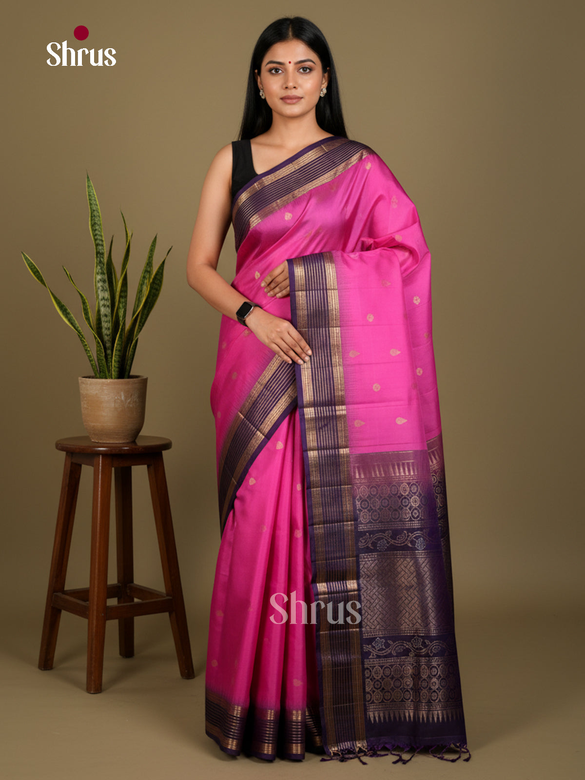 Buy Timeless Magenta Soft Silk Saree with Zari Floral Buttas, Purple Striped Border & Brocade Pallu