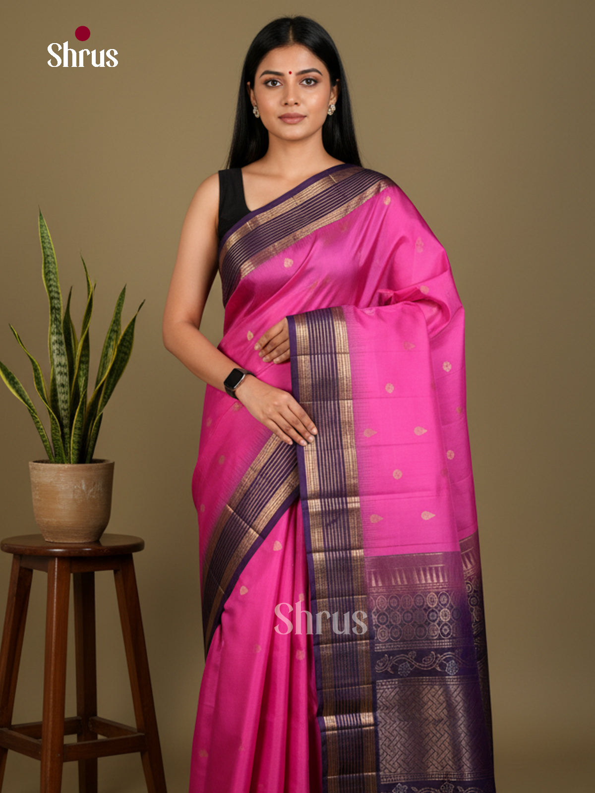 Buy Timeless Magenta Soft Silk Sarees with Zari Floral Buttas, Purple Striped Border & Brocade Pallu