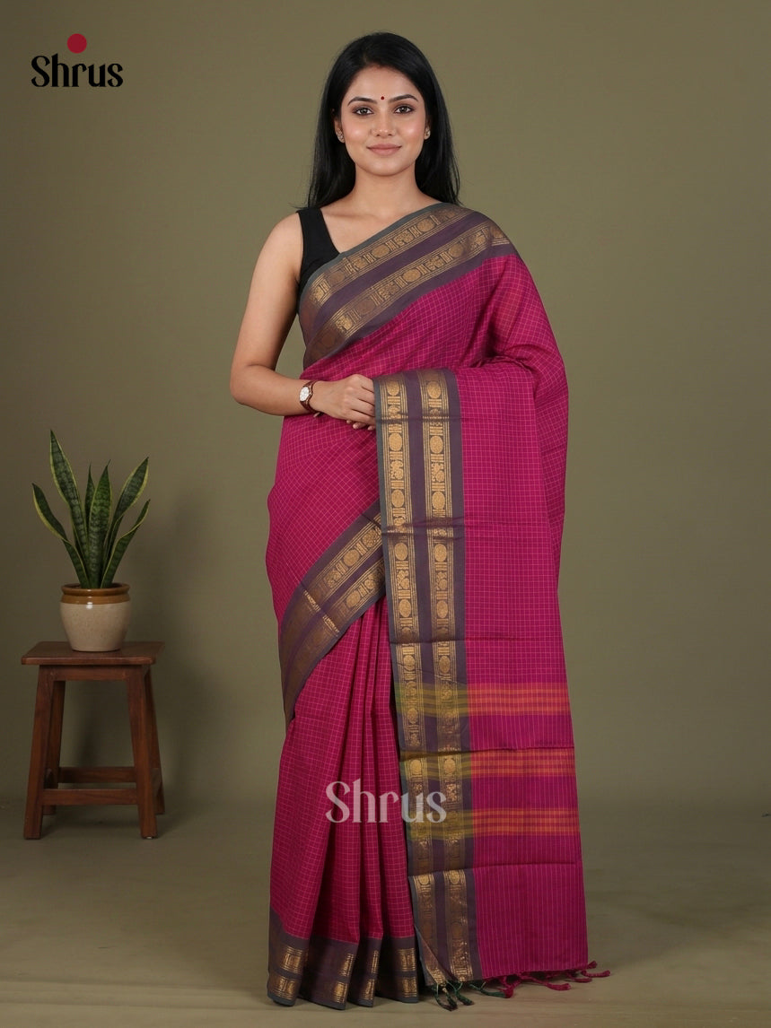 Magnificent Dark Pink Chettinad Cotton Saree With Micro Checks & Muted Purple Rettapet Zari Border