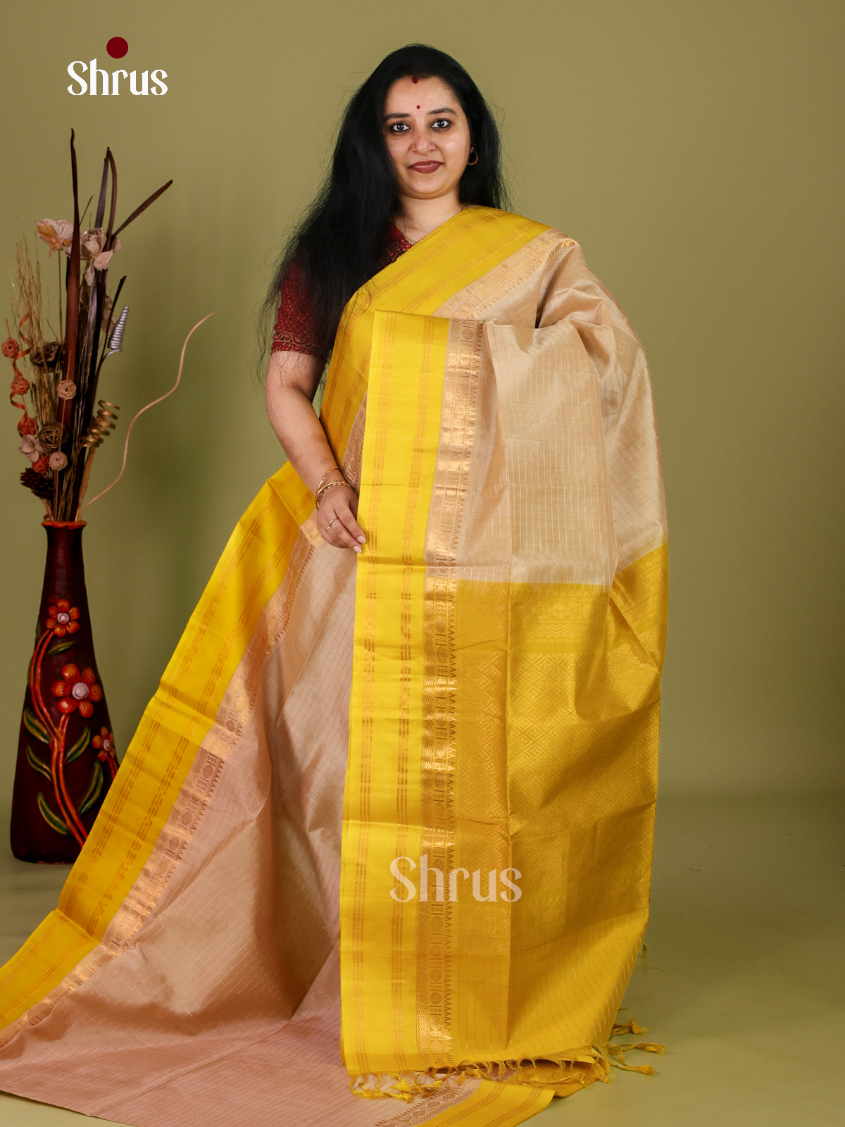 Magnificent Golden Cotton Silk Saree With Fine Gold Checks, Mustard Rettapet Temple Border & Brocade Zari Pallu