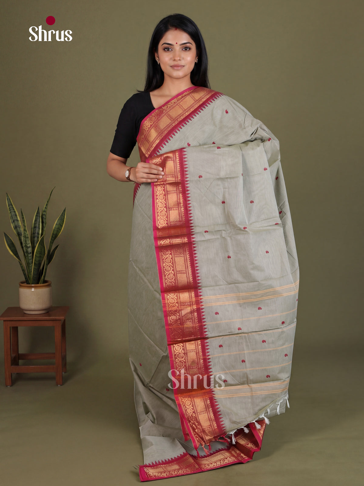 Magnificent Grey Chettinad Cotton Saree With Small Thread Buttas & Maroon Zari Border