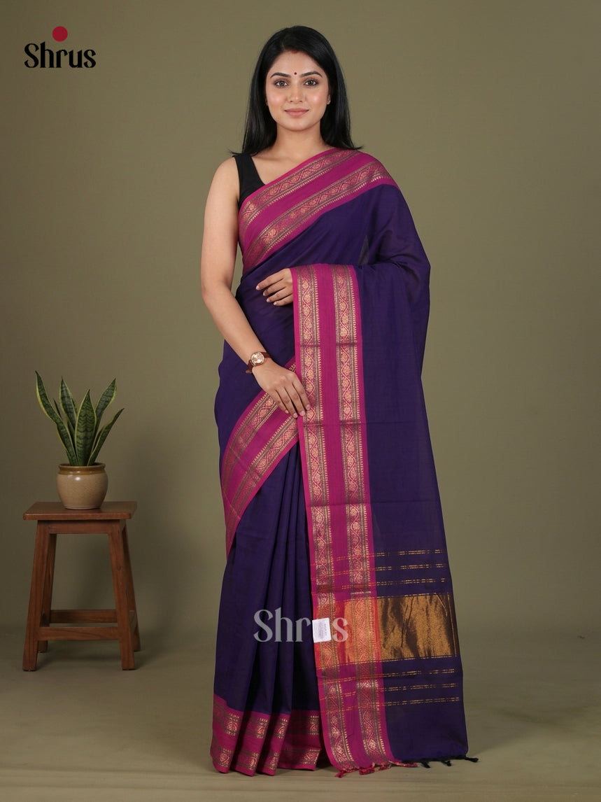 Magnificent Navy Blue Chettinad Cotton Saree With Plain Body & Magenta Rettapet Zari Border