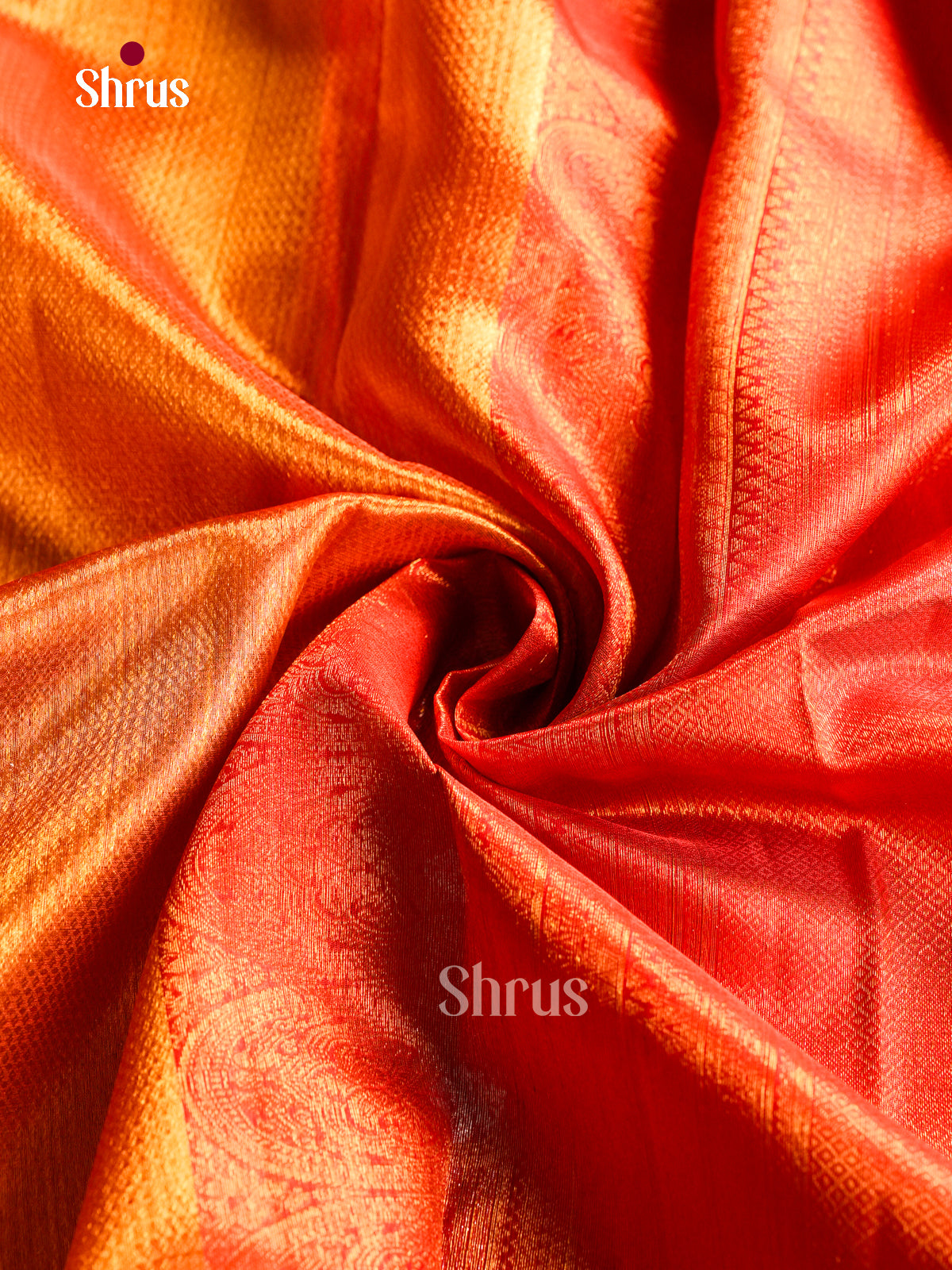 Magnificent Orange Silk Saree With Gold Tissue Pattern | Red Border With Scalloped Arches & Paisley Pattern