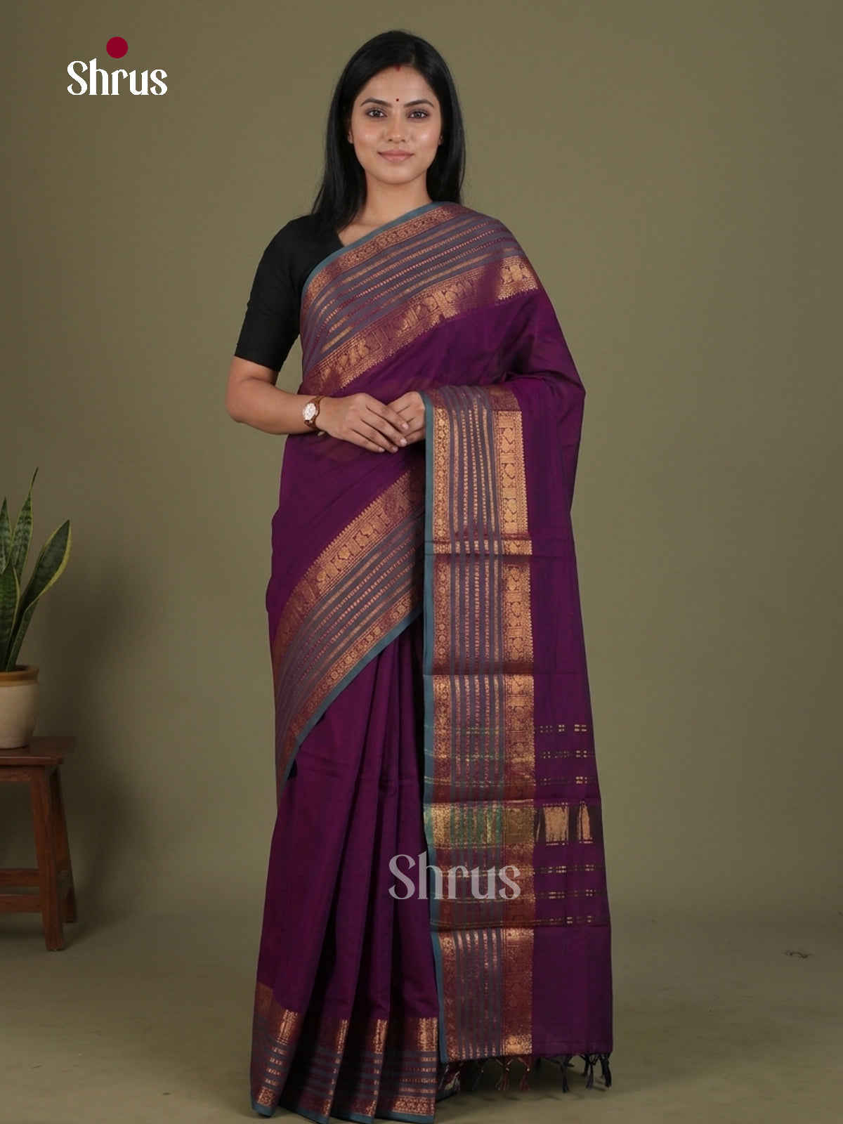 Magnificent Purple Chettinad Cotton Saree With Plain Body, Grey Zari Striped Border & Pallu