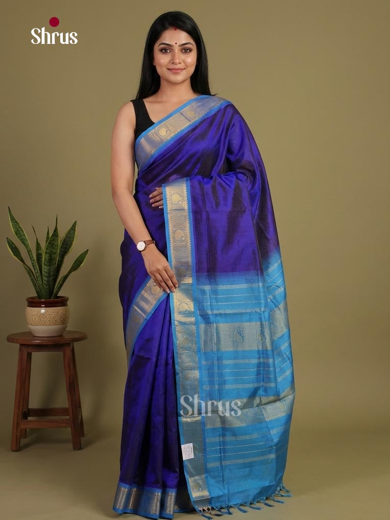 Magnificent Royal Blue Cotton Silk Saree with Plain Body, Sky Blue Zari Border & Traditional Chit Pallu