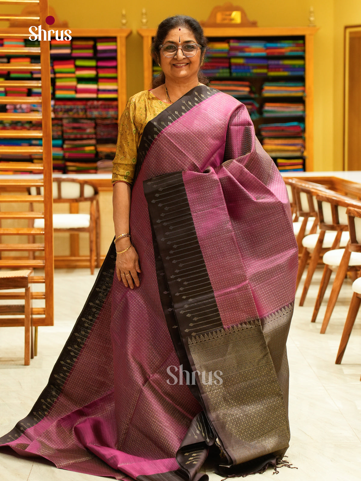 Majestic Deep Pink Soft Silk Saree with Checks & Micro Buttas | Brown Contrast Border