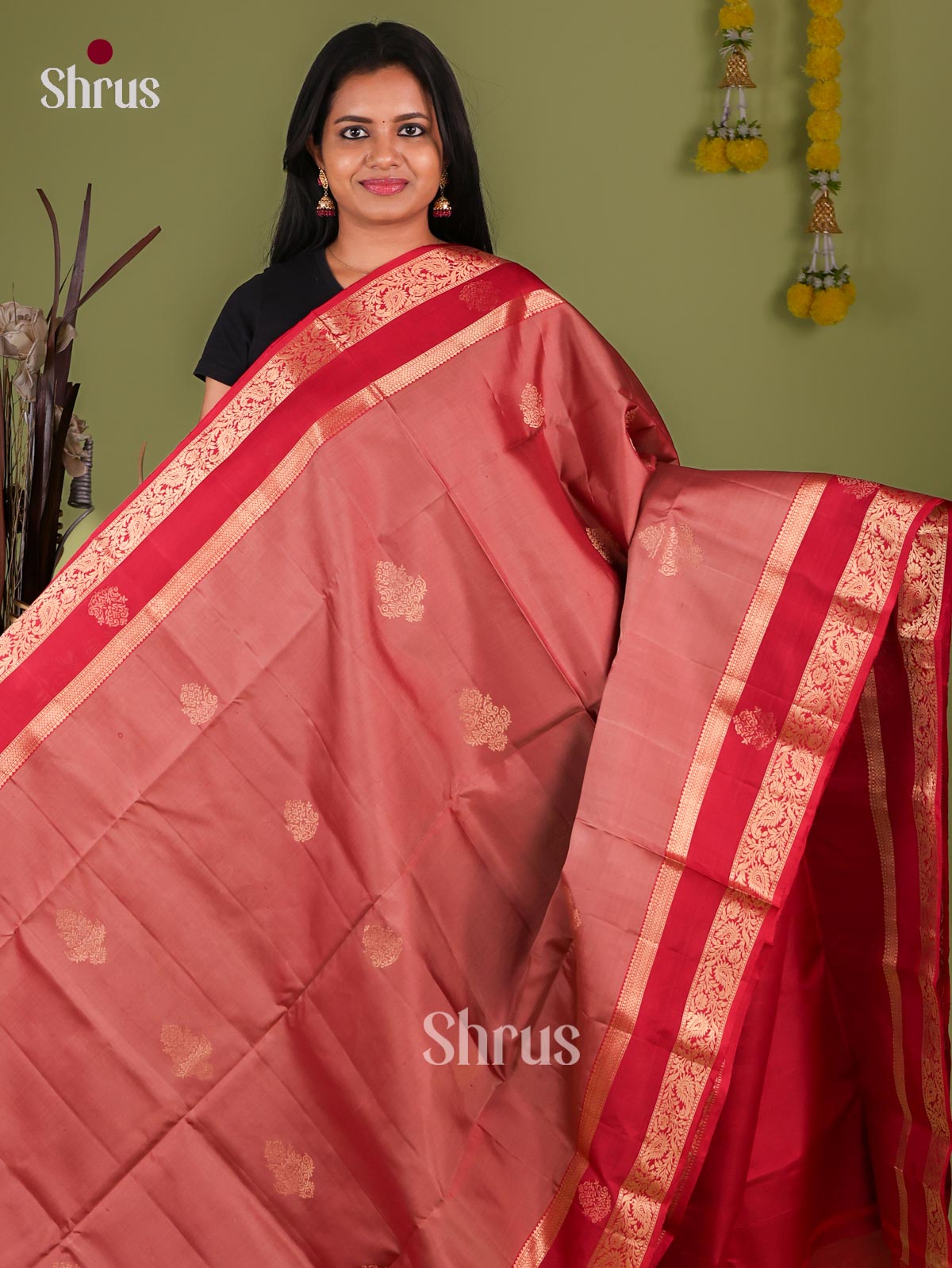 Majestic Dusty Rose Soft Silk Sarees with Paisley Motifs, Red Rettapet Zari Border & Zari Brocade Pallu 1