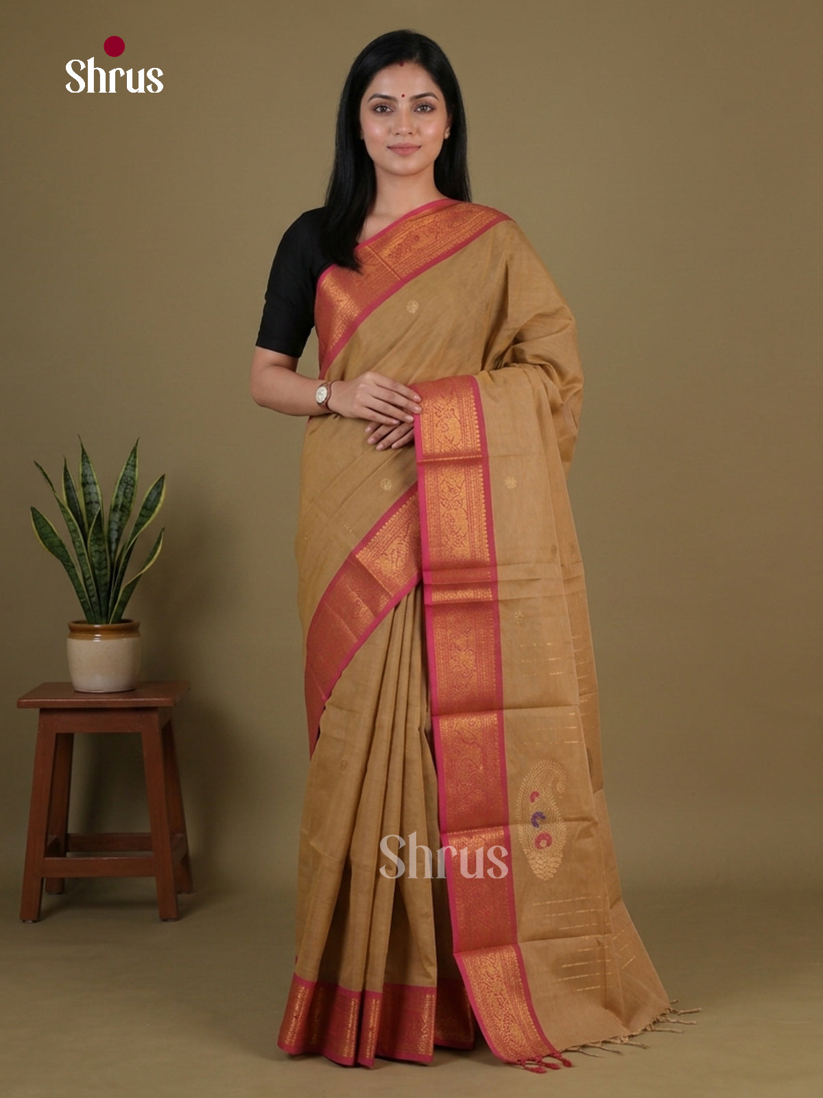 Majestic Light Brown Chettinad Saree With Buttas, Pink Zari Border & Paisley Zari Motifs Pallu