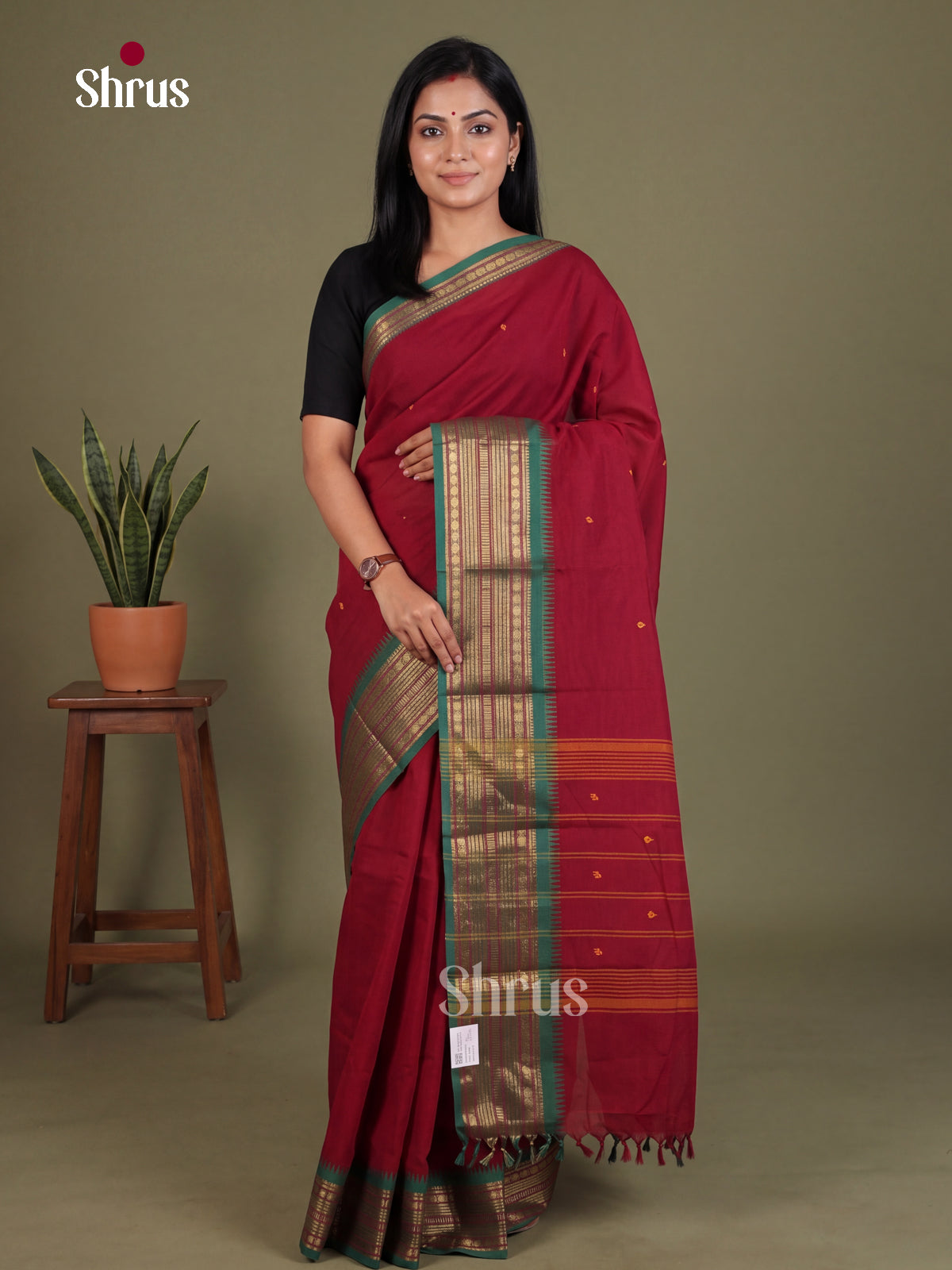 Majestic Maroon Chettinad Cotton Saree With Thread Buttas & Teal Green Temple Zari Striped Border