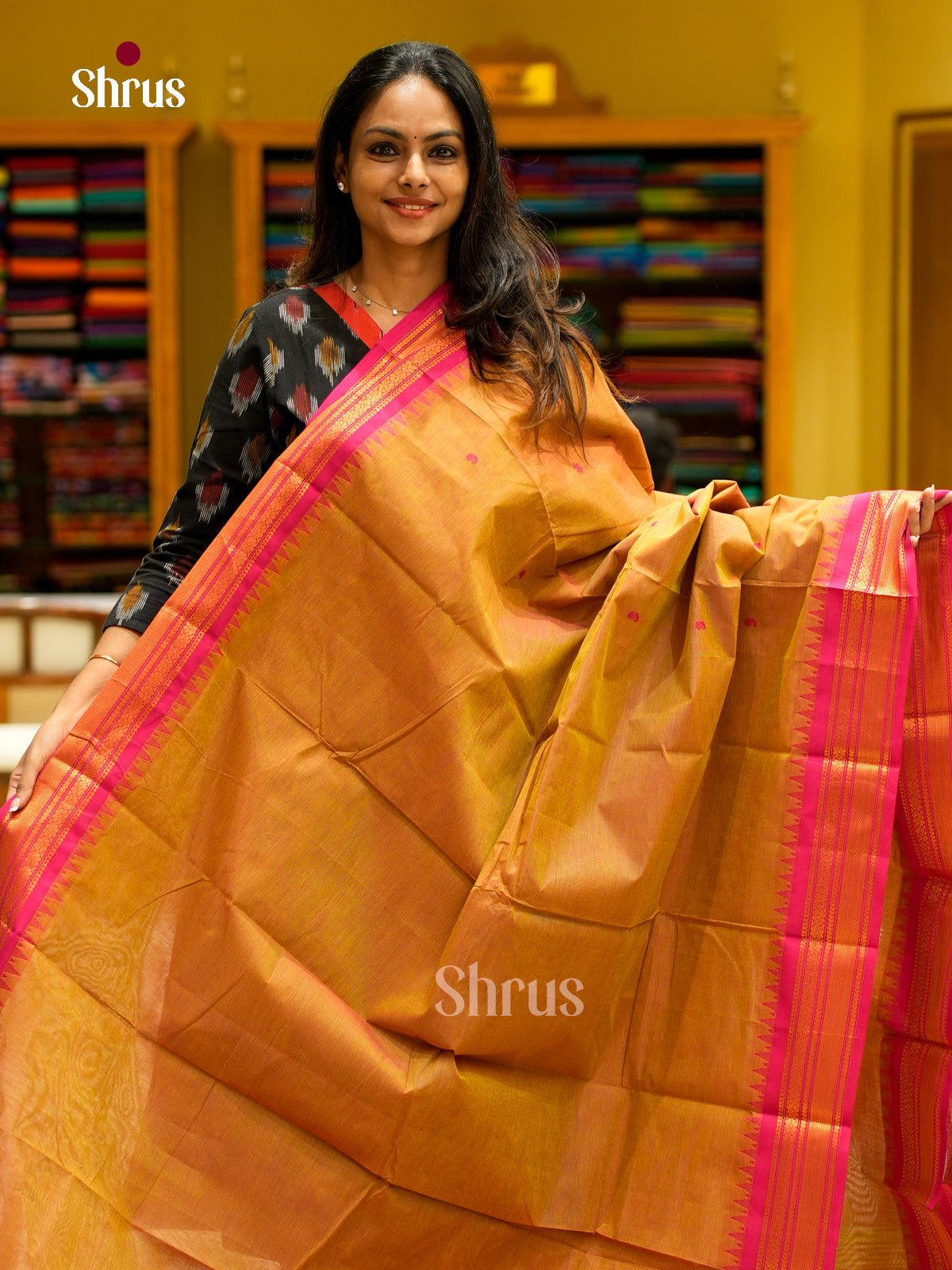Majestic Mustard Chettinad Cotton Sarees With Thread Buttas & Pink Temple Zari Border