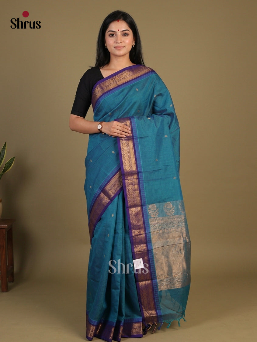 Majestic Peacock Blue Chettinad Cotton Saree With Thread Buttas & Violet Temple Zari Border