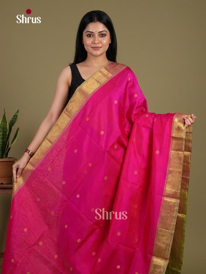 Majestic Pink Cotton Silk Saree With Golden Buttas, Mustard Green Zari Woven Border & Traditional Pallu 1