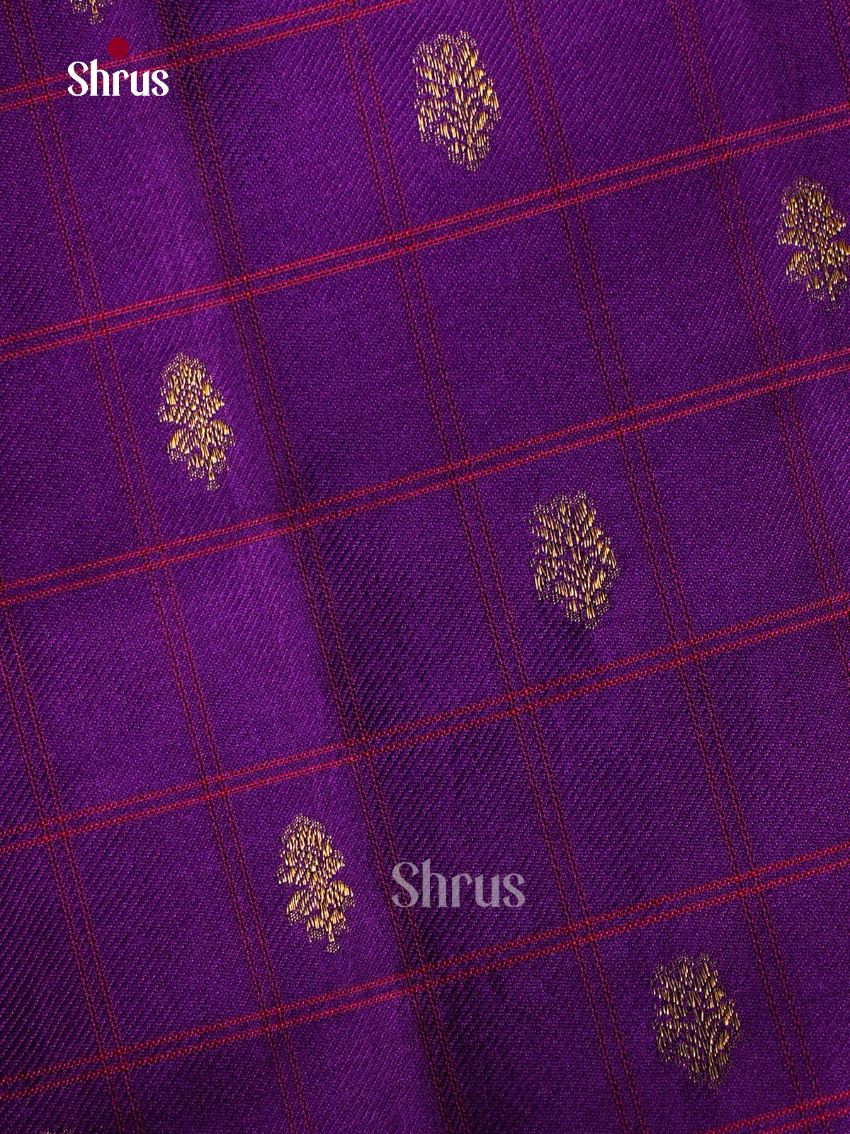Majestic Purple Kanchipuram silk Sarees With Checks, Thread Buttas & Self Border With Floral Vines