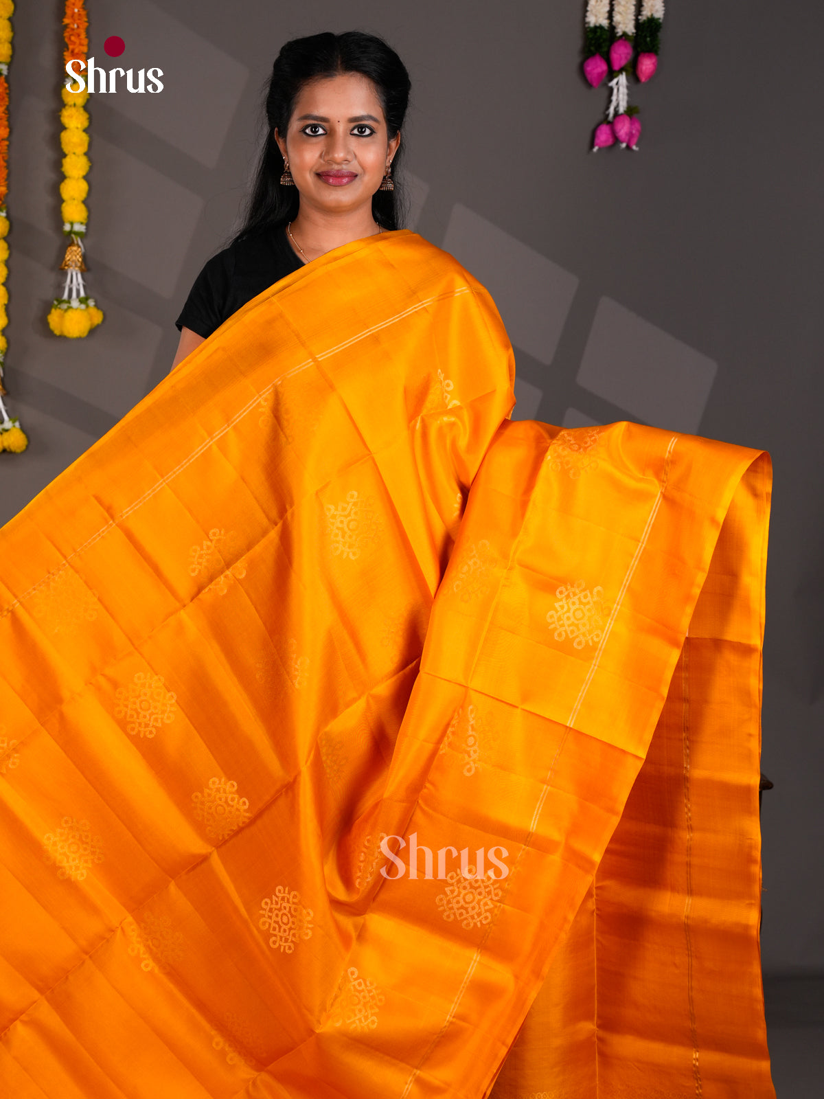 Buy Warm Mango Yellow Pure Soft Silk Saree With Zari Buttas, Plain Border & Intricately Woven Kolam Pallu