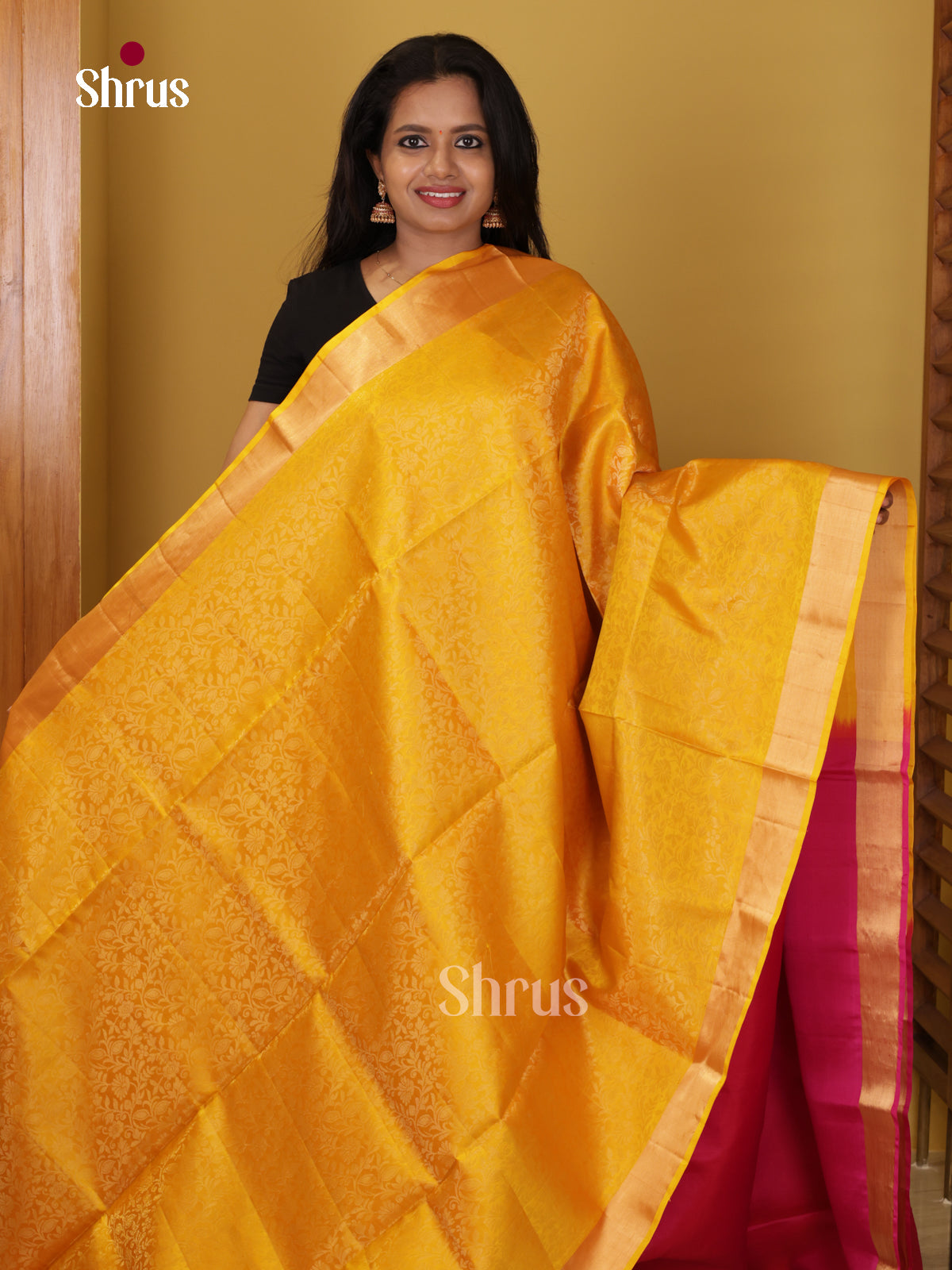 Buy Vivid Mango Yellow Soft Silk Saree with Self-Embossed Floral Jacquard Weave & Pink Brocade Pallu