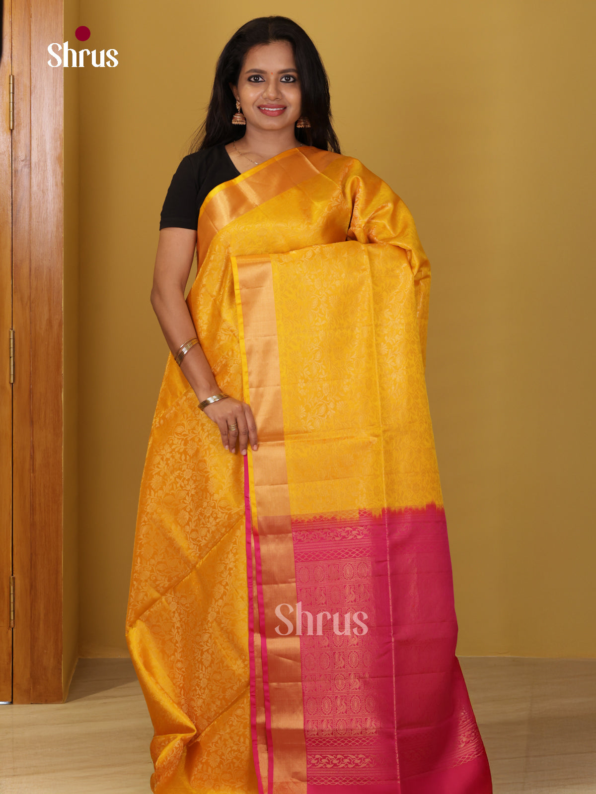 Buy Vivid Mango Yellow Soft Silk Saree with Self-Embossed Floral Jacquard Weave & Pink Pallu
