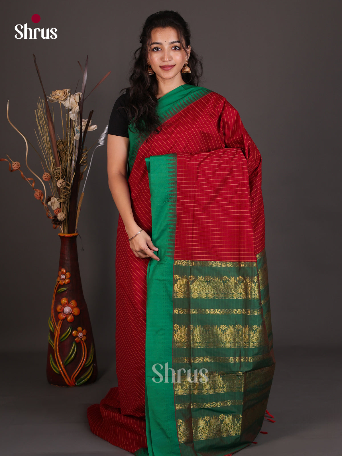 Classy Maroon Kalyani Cotton Saree With Stripes, Green Temple Border & Zari Woven Pallu