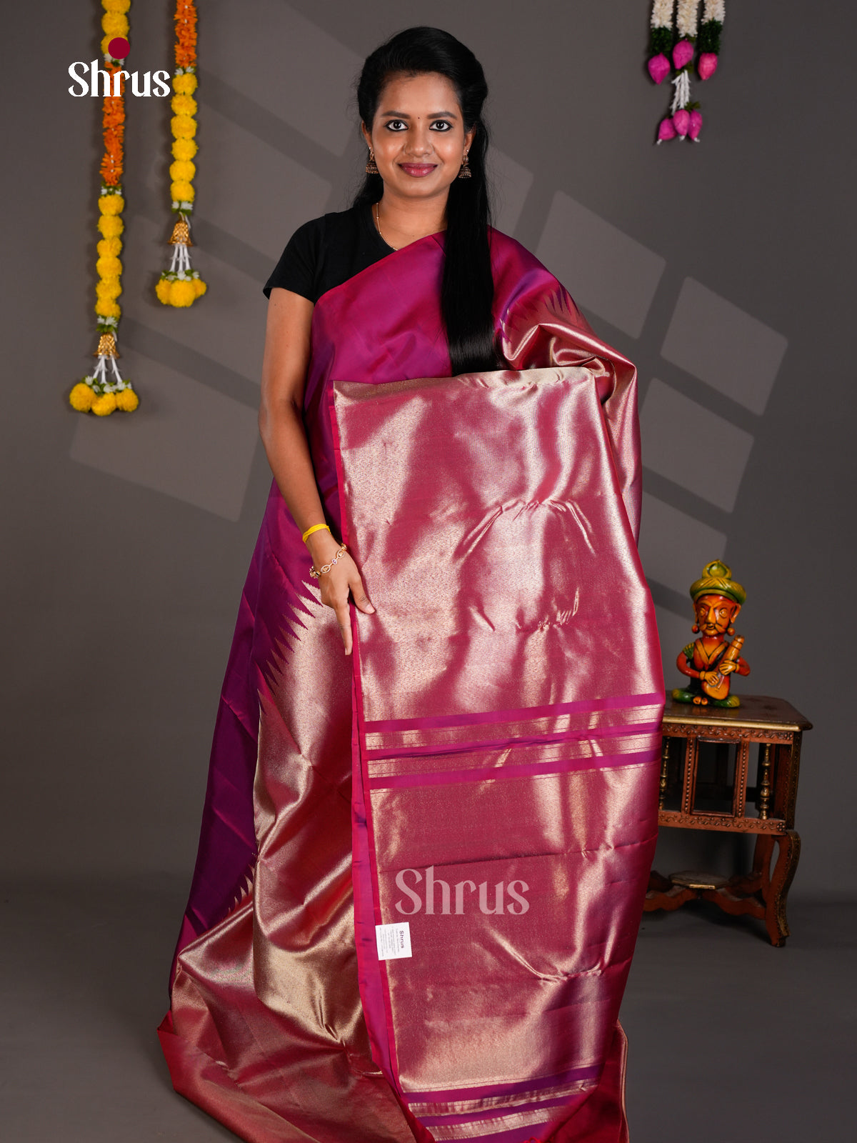 Buy Classic Maroon Kanchipuram Silk Saree with Zari Woven Temple Zari Border