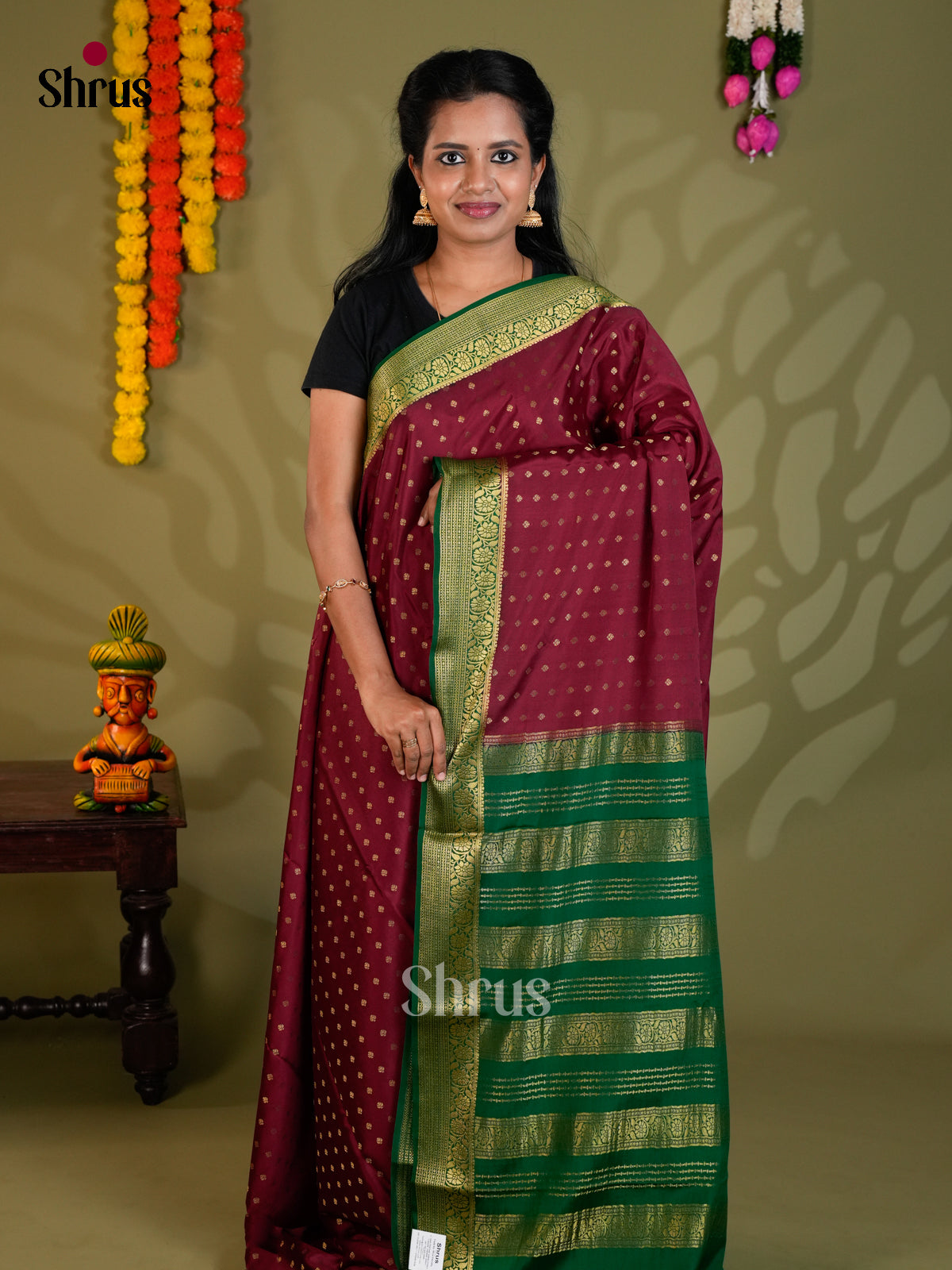 Buy Classic Maroon Mysore Silk Saree with Gold Zari Buttas, Green Border & Traditional Striped Pallu