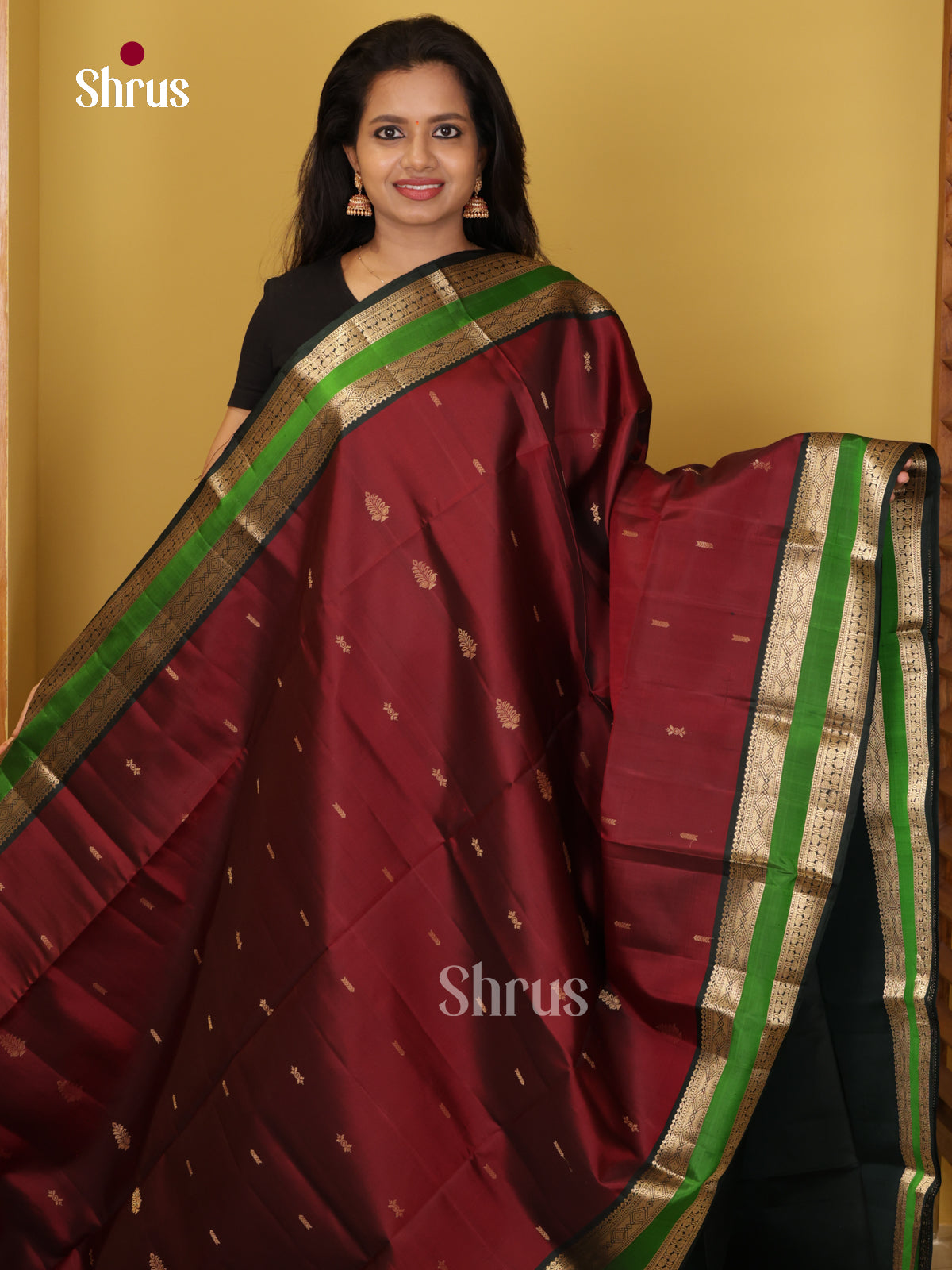 Buy Majestic Maroon Pure Soft Silk Saree With Golden Buttas, Rettaipet Zari Border & Black Pallu