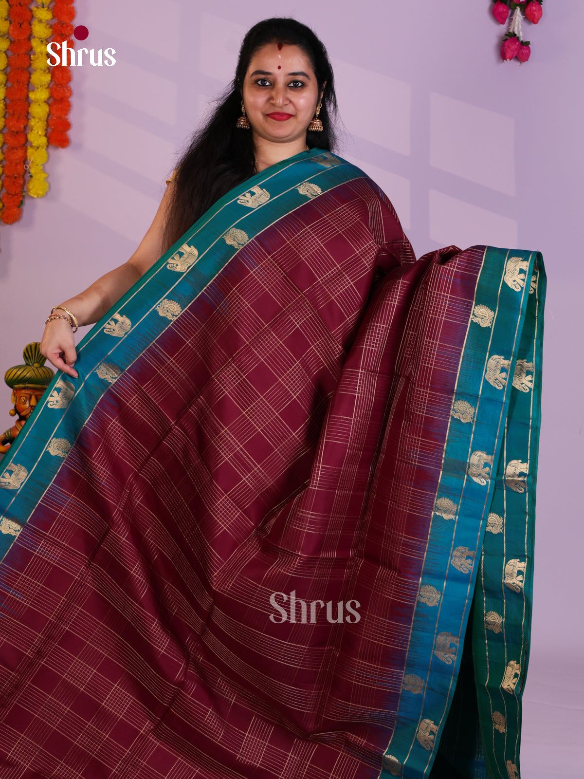 Buy Stunning Maroon Pure Soft Silk Saree With Zari Kattams, Teal Border With Elephant & Peacock Motifs