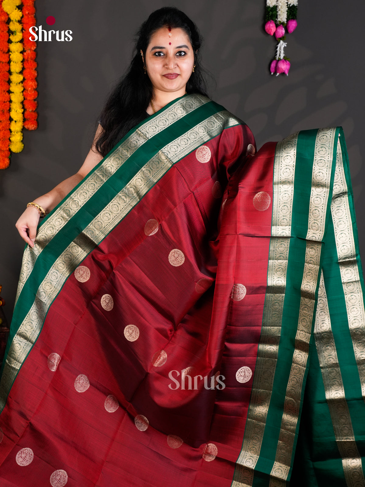 Buy Timeless Maroon Pure Soft Silk Saree with Gold Circle Motifs & Green Rettaipet Zari Border