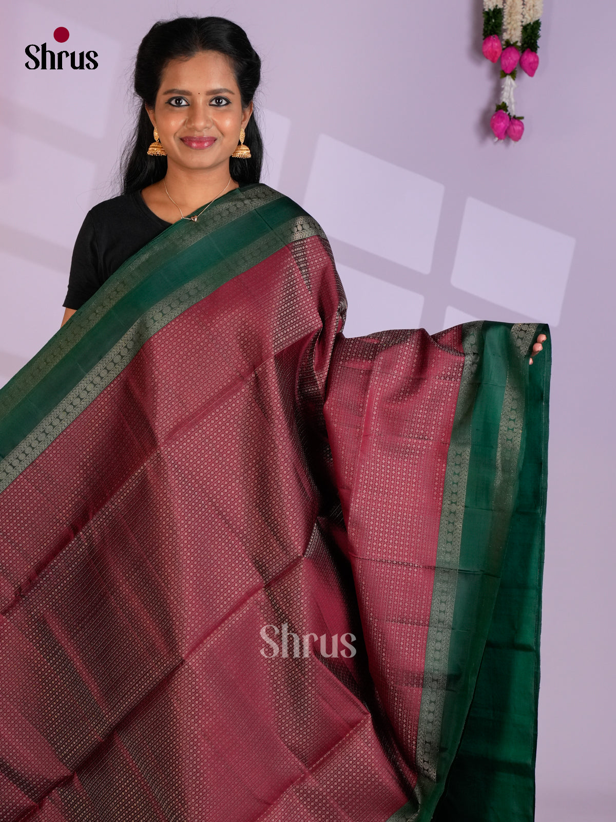 Buy Ethereal Maroon Pure Soft Silk Saree with Intricate Checks, Dots & Bottle Green Rettaipet Border