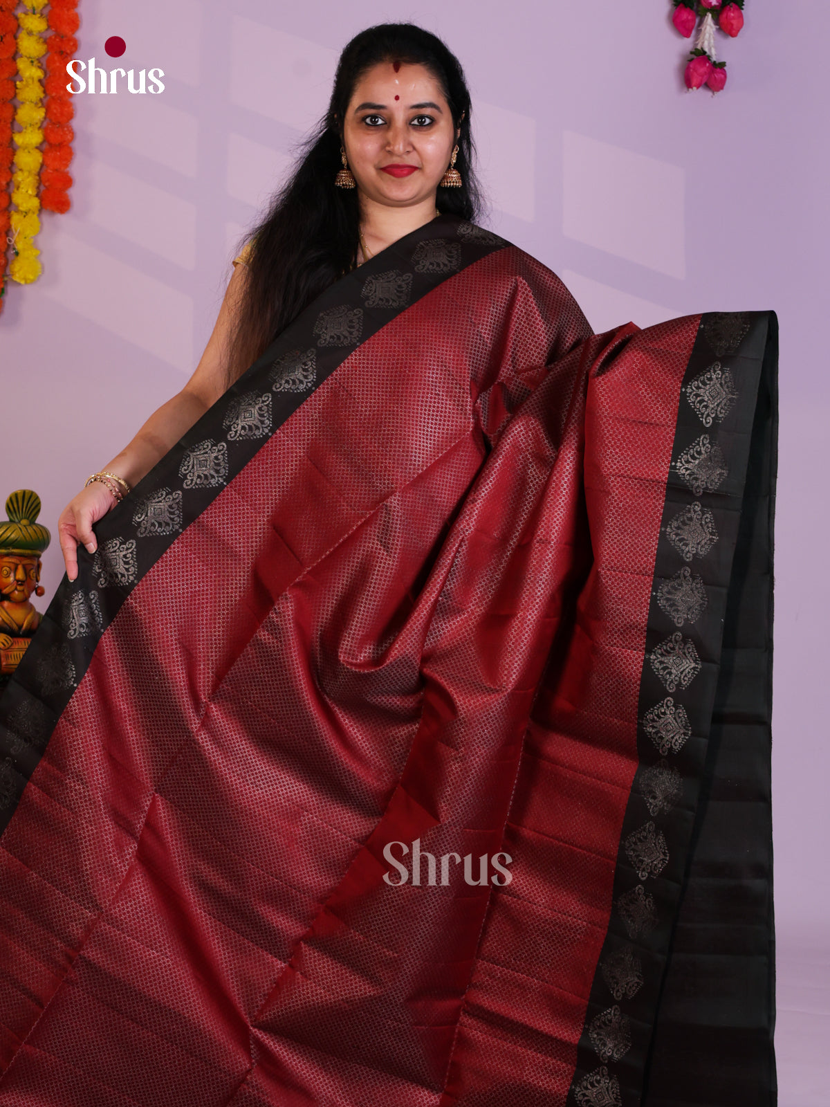 Buy Elegant Maroon Pure Soft Silk Saree with Microscopic Zari Circles & Black Brocade Pallu