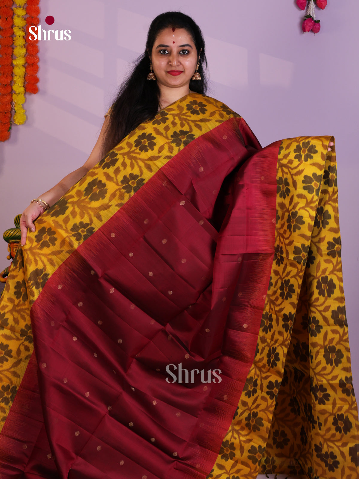 Buy Vivacious Maroon Pure Soft Silk Saree with Zari Buttas & Mustard Floral Pochampally Border