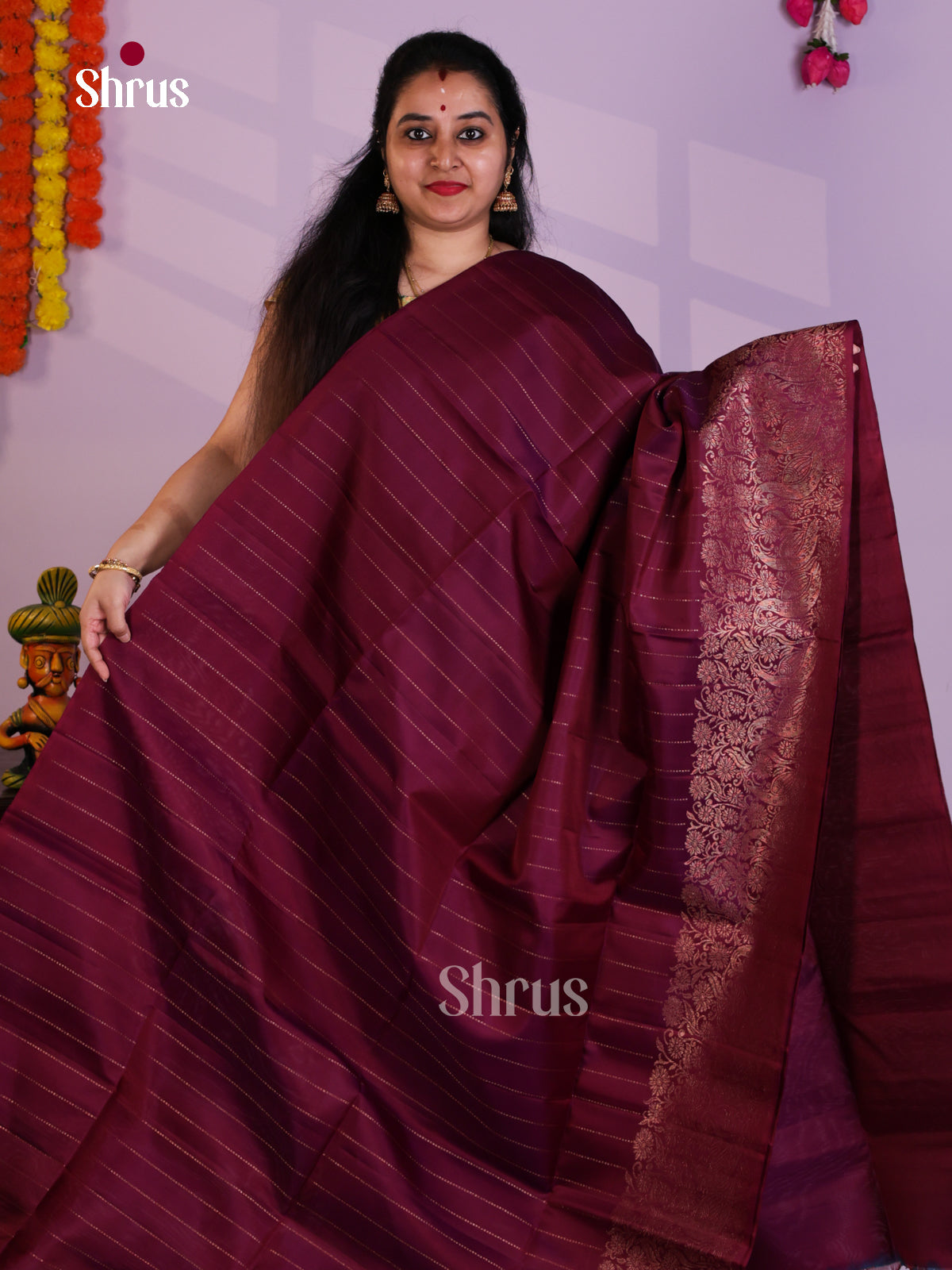 Buy Timeless Maroon Pure Soft Silk Saree with Zari Dotted Stripes & Brocade Pallu
