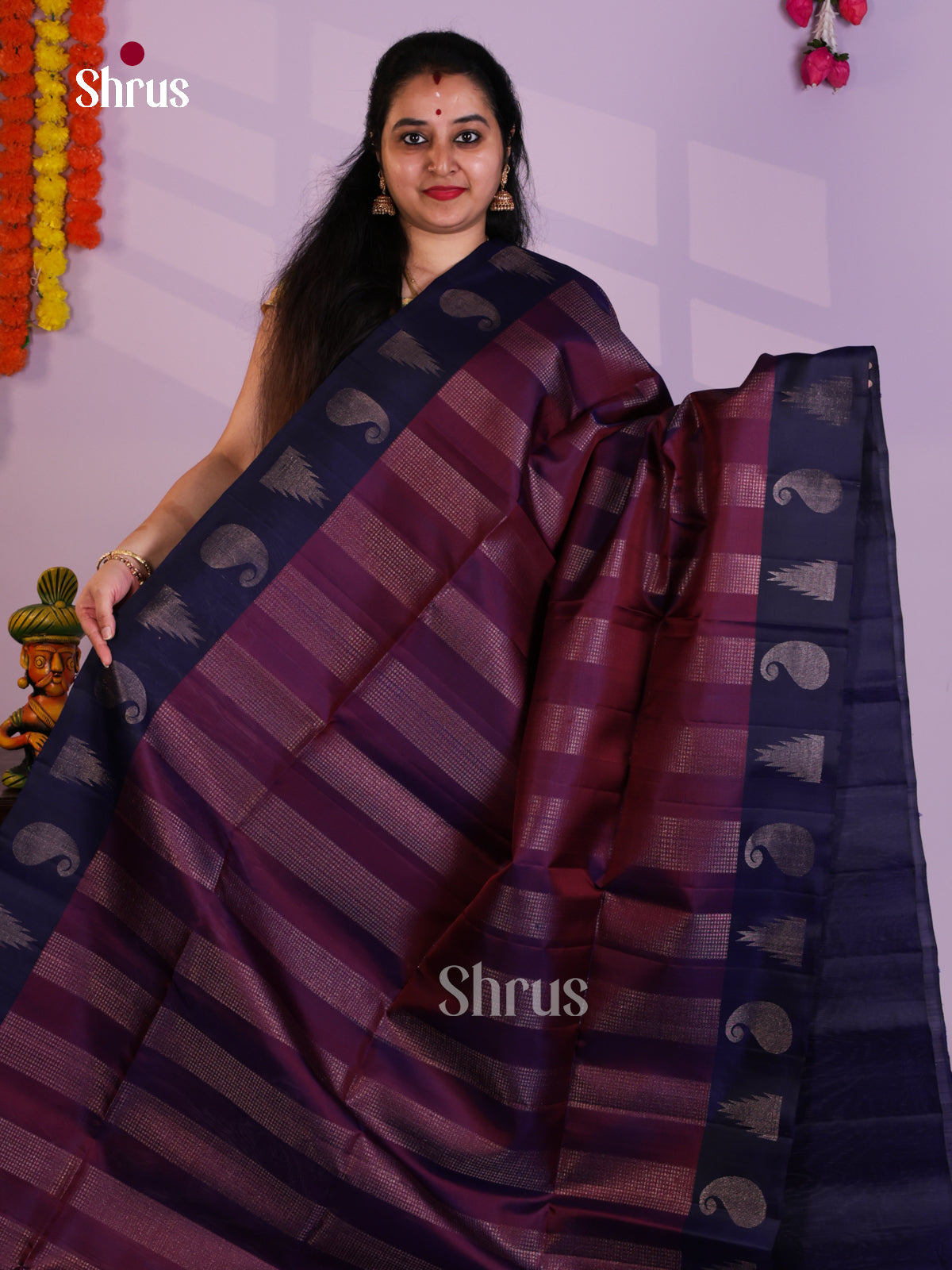 Buy Classic Maroon Pure Soft Silk Saree with Zari Striped Blocks & Navy Blue Border With Woven Motifs