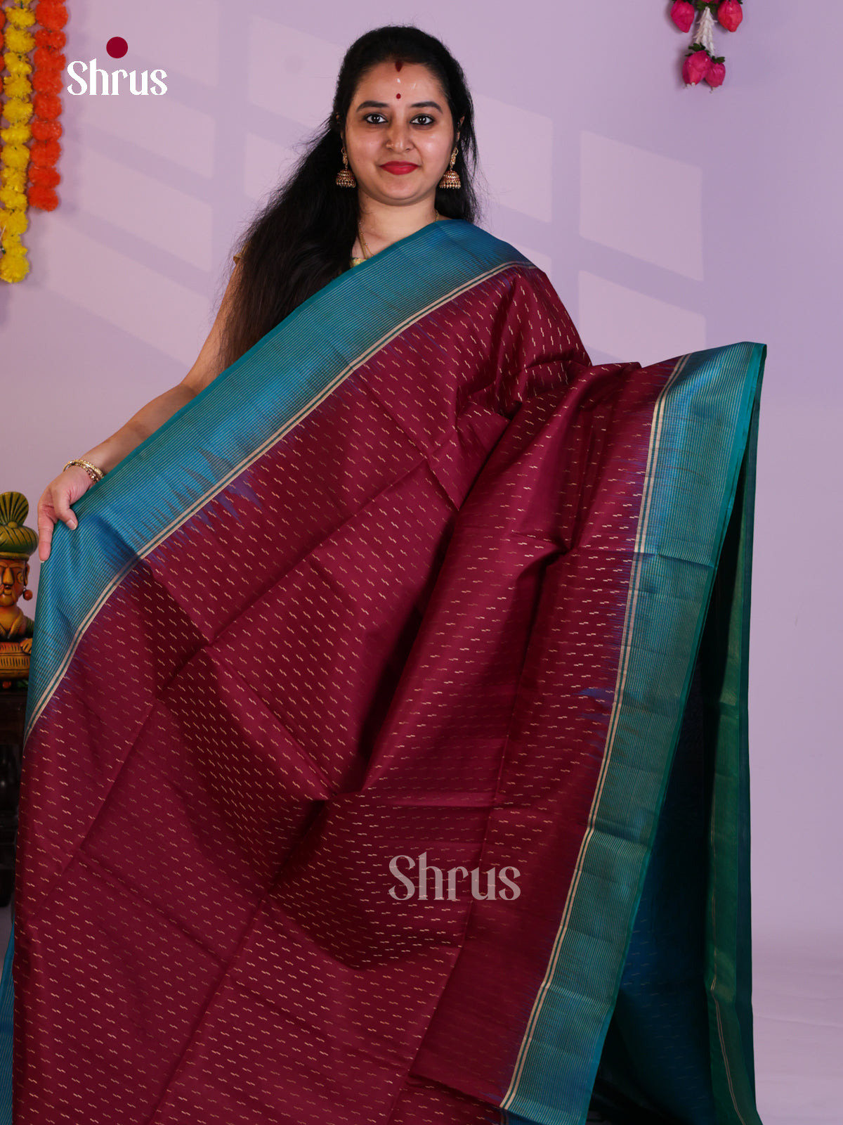 Buy Classy Maroon Pure Soft Silk Saree with Zari Stripes Buttas & Teal Brocade Pallu