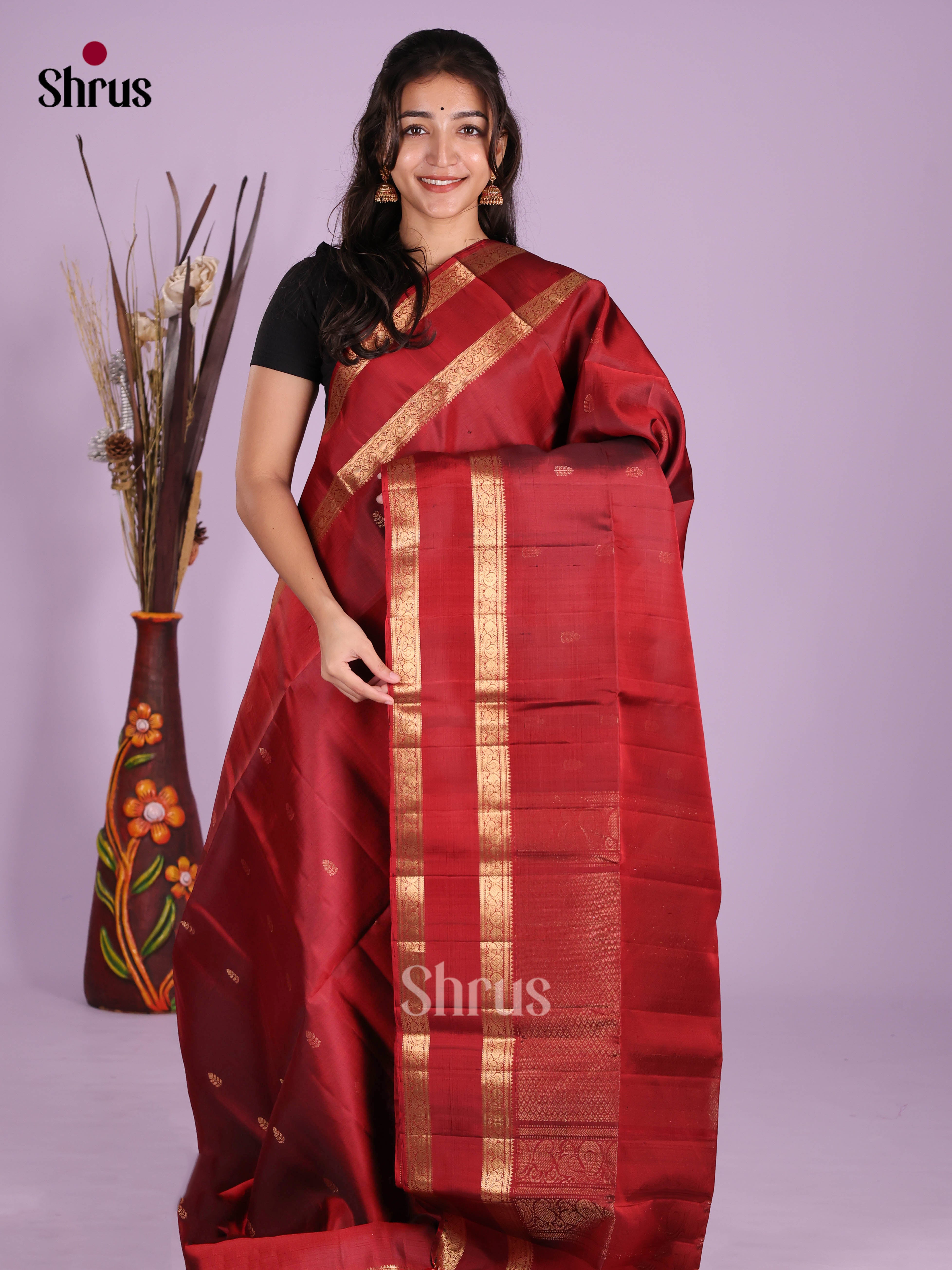 Buy Traditional Maroon Soft Silk Saree With Golden Buttas, Rettaipet Border & Brocade Pallu