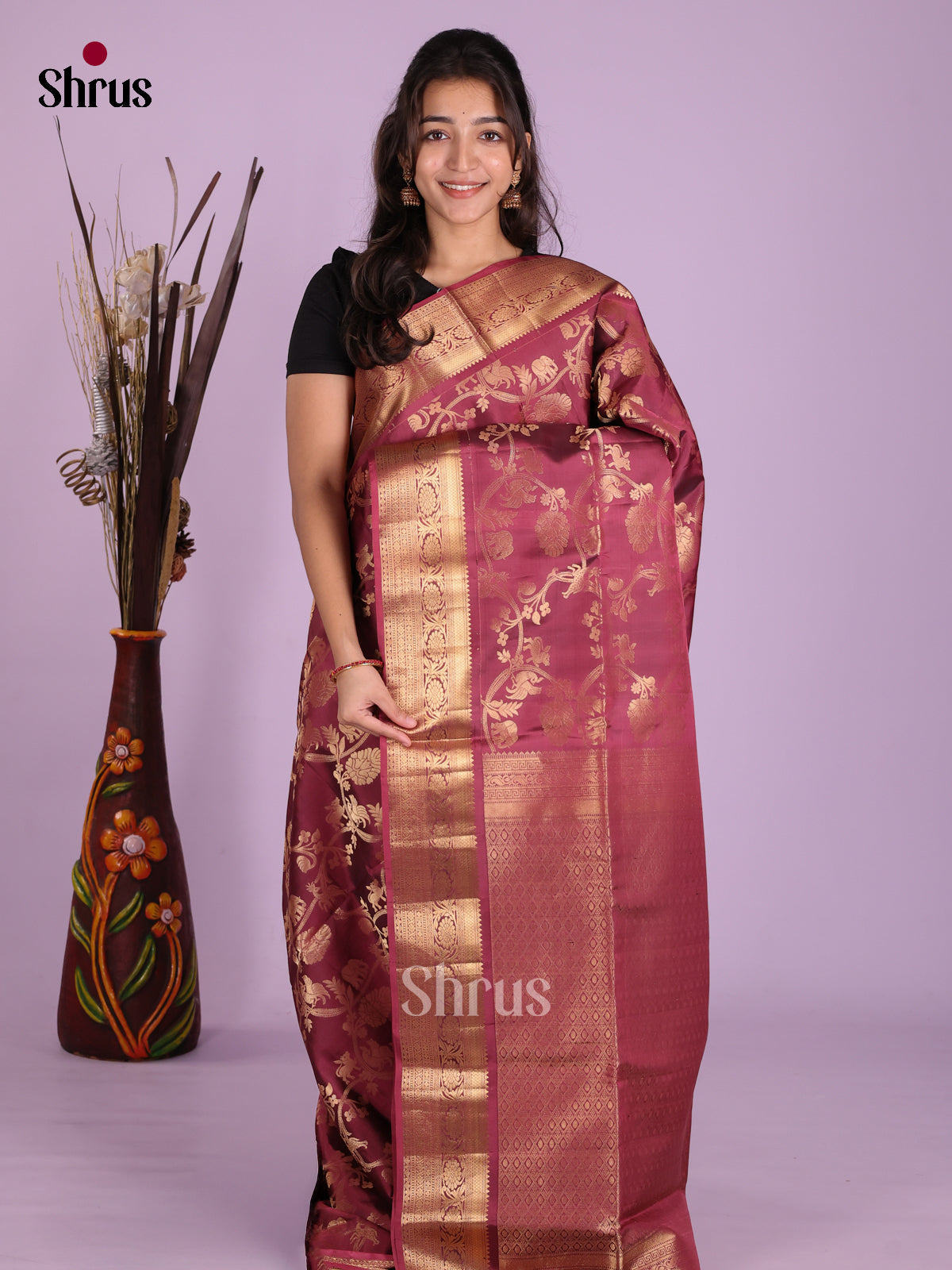 Buy Classic Maroon Soft Silk Saree With Golden Floral Vines, Elephant Motifs, Zari Border & Pallu