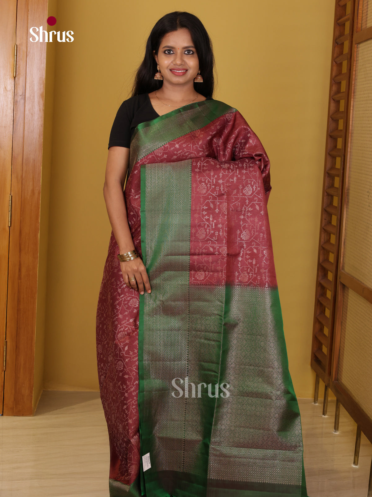 Buy Classy Maroon Soft Silk Saree With Silver Floral Vines & Green Brocade Border & Pallu