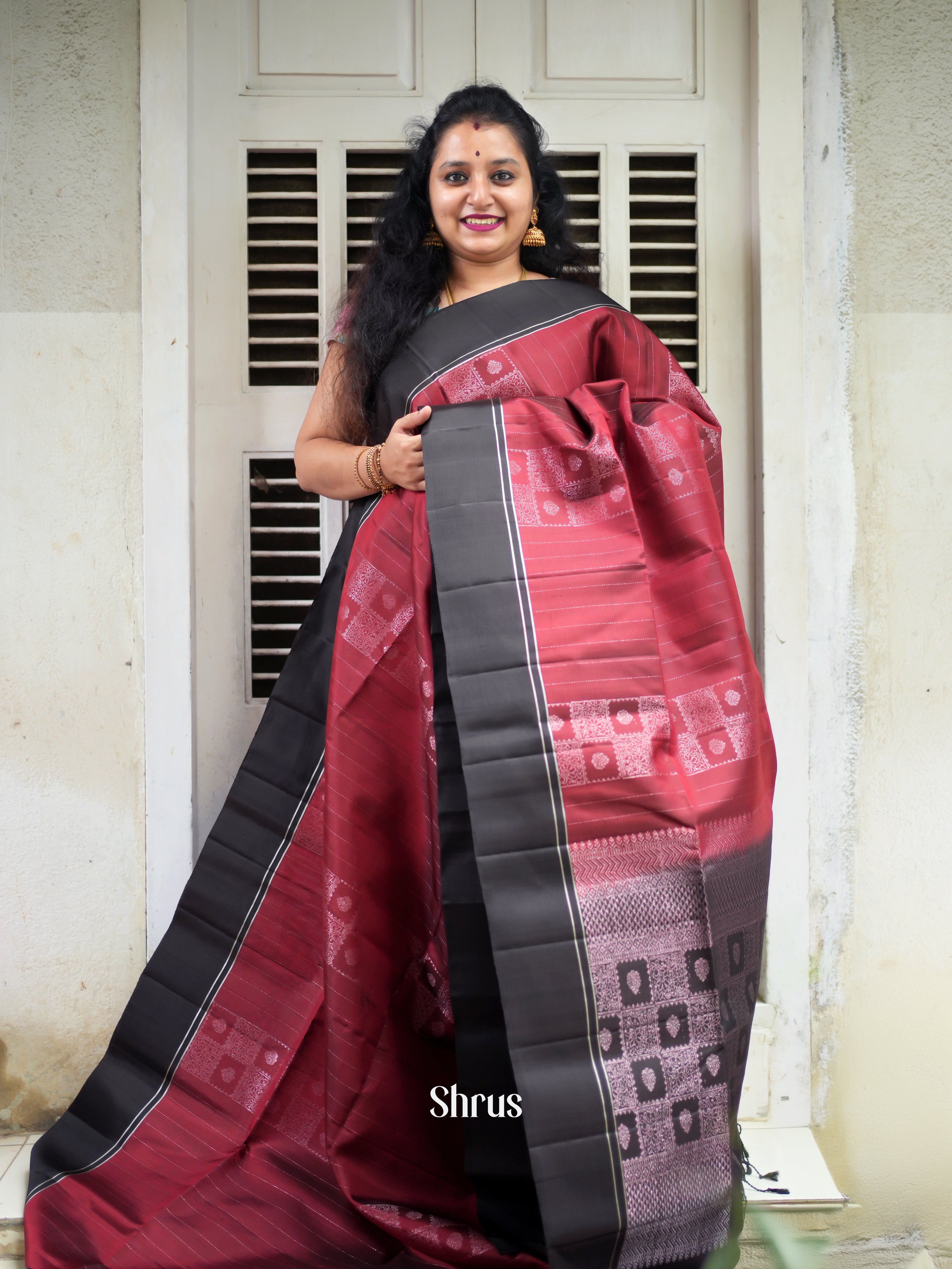 Opulent Maroon Soft Silk Saree With Silver Zari Block Stripes, Black Border & Brocade Pallu