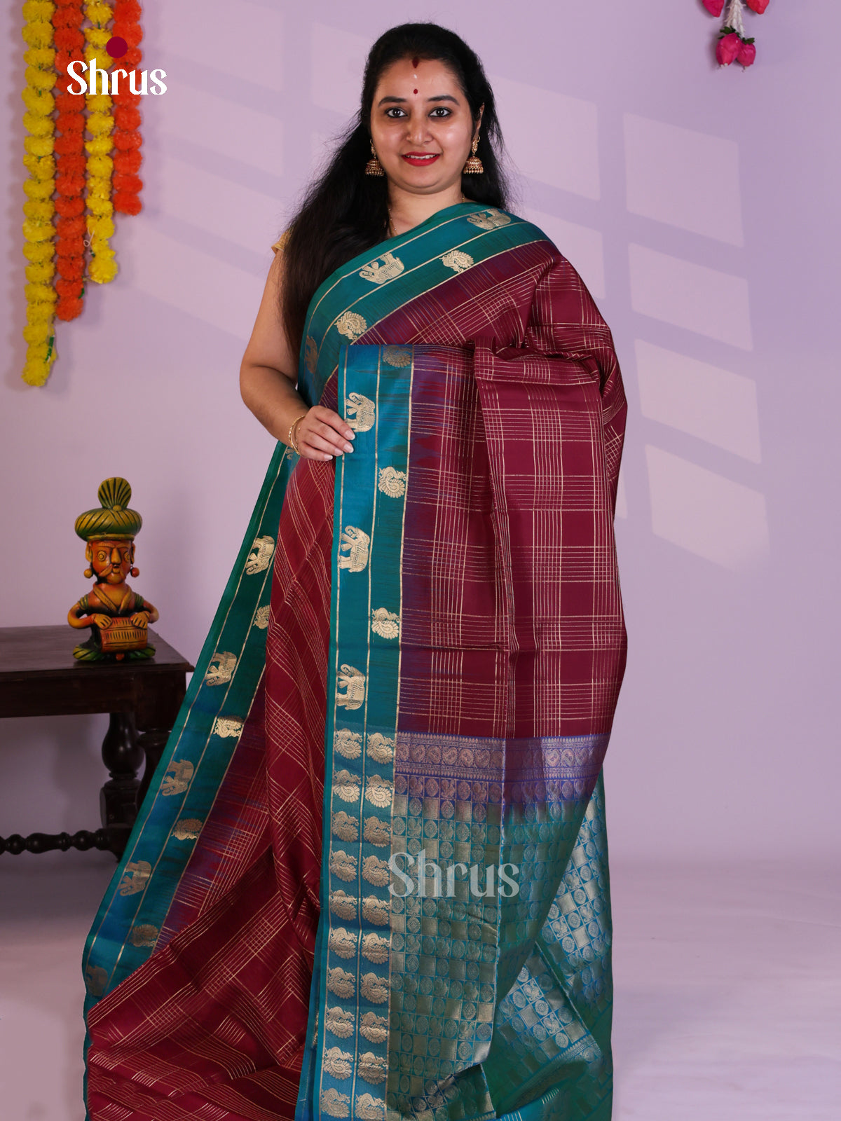 Buy Stunning Maroon Soft Silk Saree With Zari Kattams, Teal Border With Elephant & Peacock Motifs
