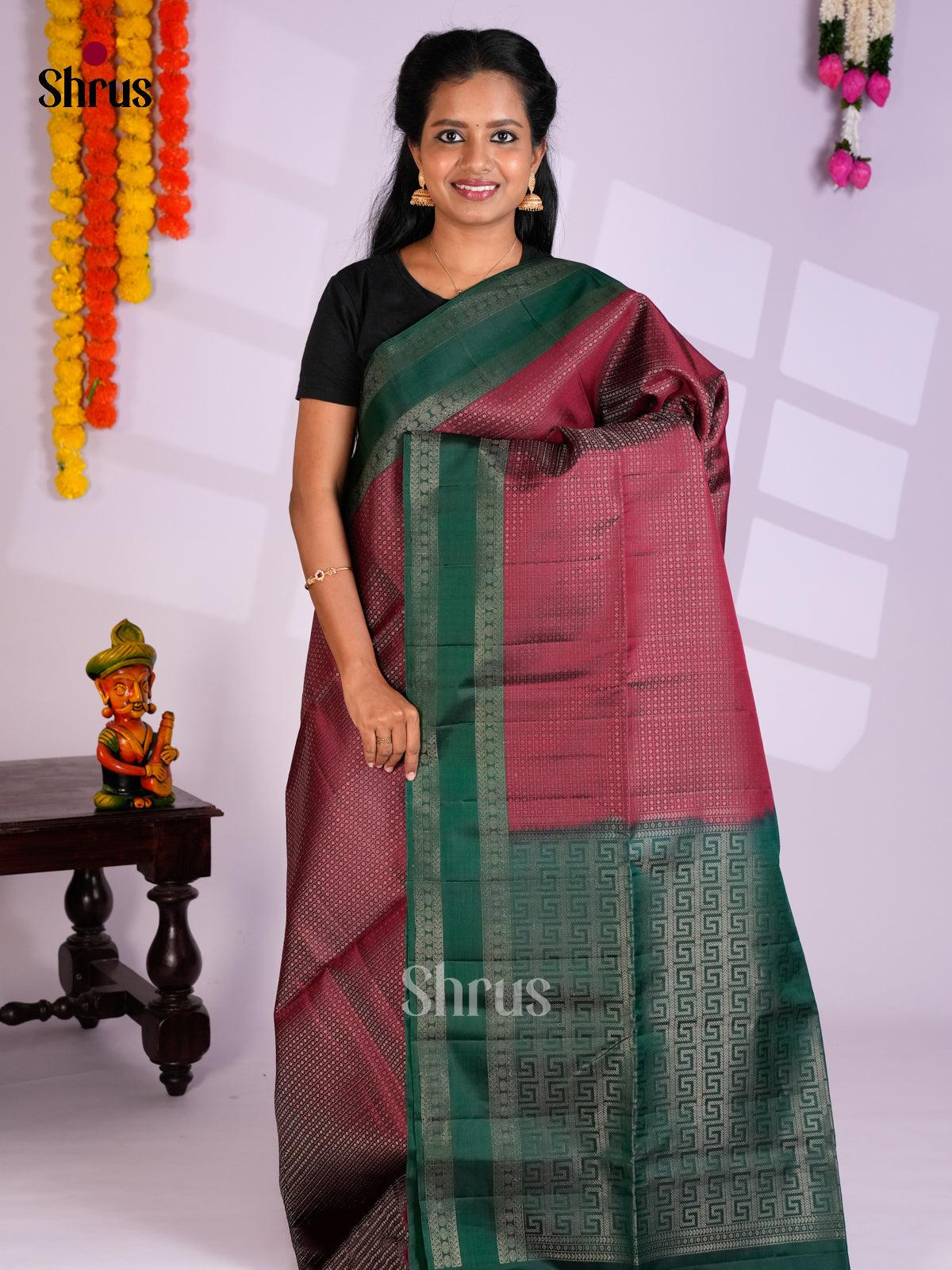Buy Ethereal Maroon Soft Silk Saree with Intricate Checks, Dots & Bottle Green Rettaipet Border