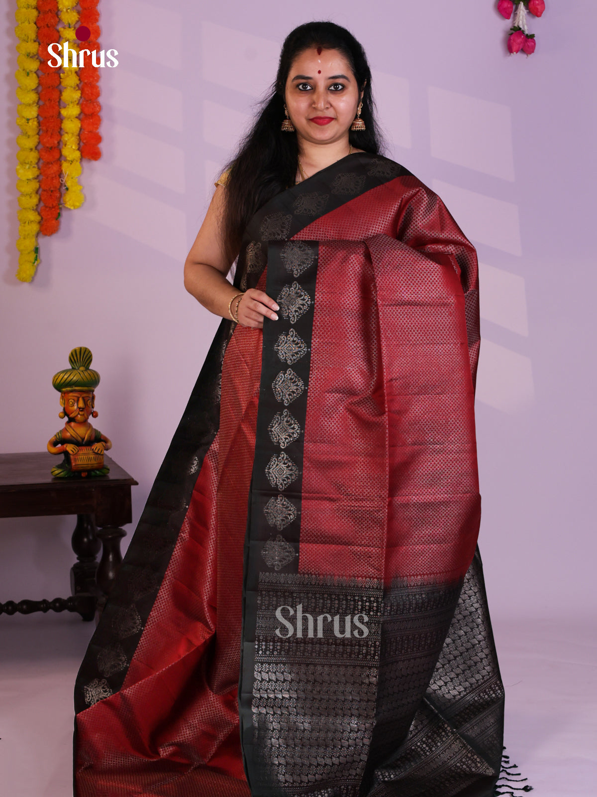 Buy Elegant Maroon Soft Silk Saree with Microscopic Zari Circles & Black Brocade Pallu