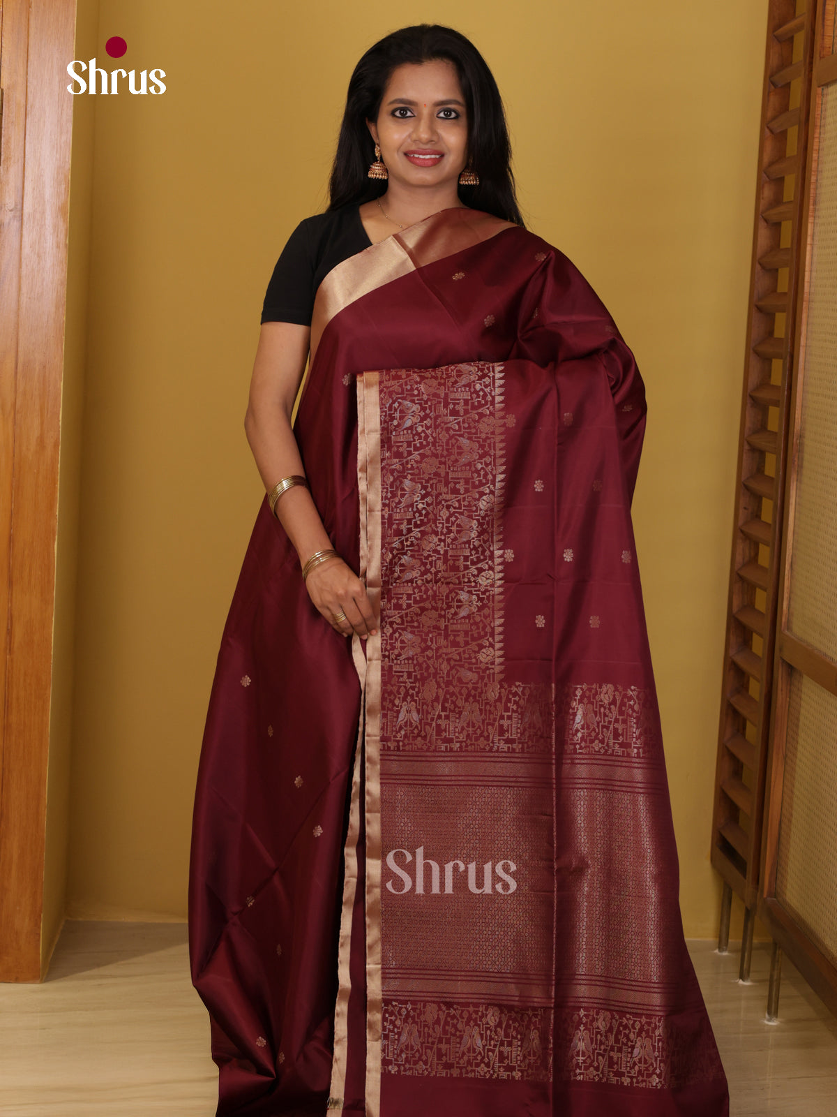Buy Glistening Maroon Soft Silk Saree with Zari Buttas, Kaddi Border & Brocade Pallu