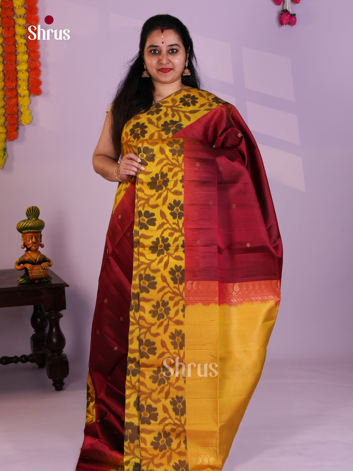 Buy Vivacious Maroon Soft Silk Saree with Zari Buttas & Mustard Floral Pochampally Border