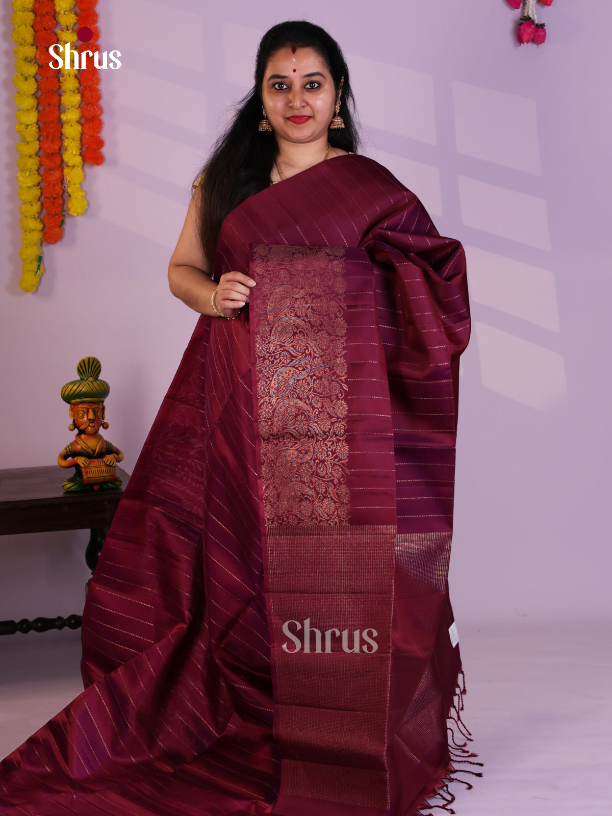 Buy Timeless Maroon Soft Silk Saree with Zari Dotted Stripes & Brocade Pallu