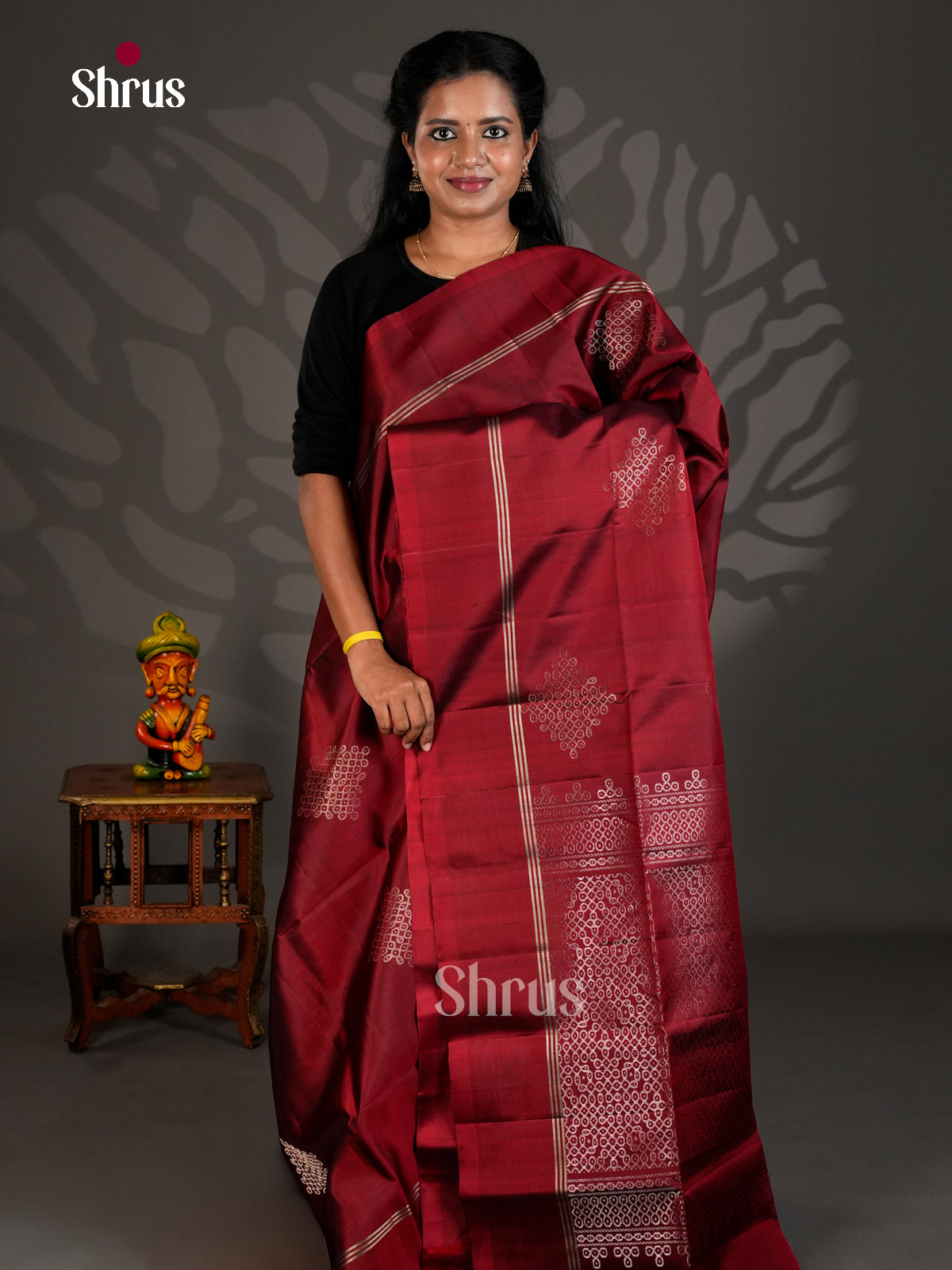 Buy Timeless Maroon Soft Silk Saree with Zari Kolam Motifs, Plain Border & Brocade Pallu