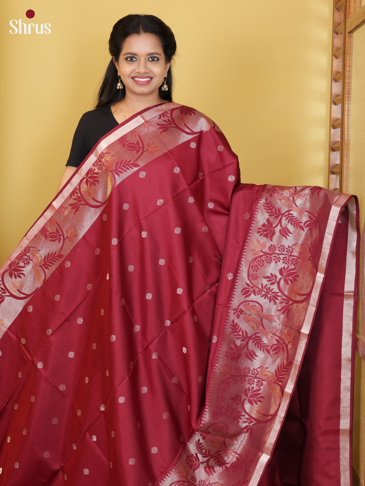 Regal Maroon Soft Silk Sarees With Delicate Diamond Buttas & Floral Vine Zari Border
