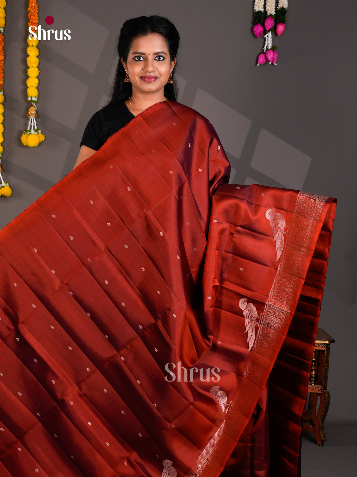 Buy Timeless Maroon Soft Silk Sarees With Small Buttas, Silver Parrot Motifs In Border & Pallu
