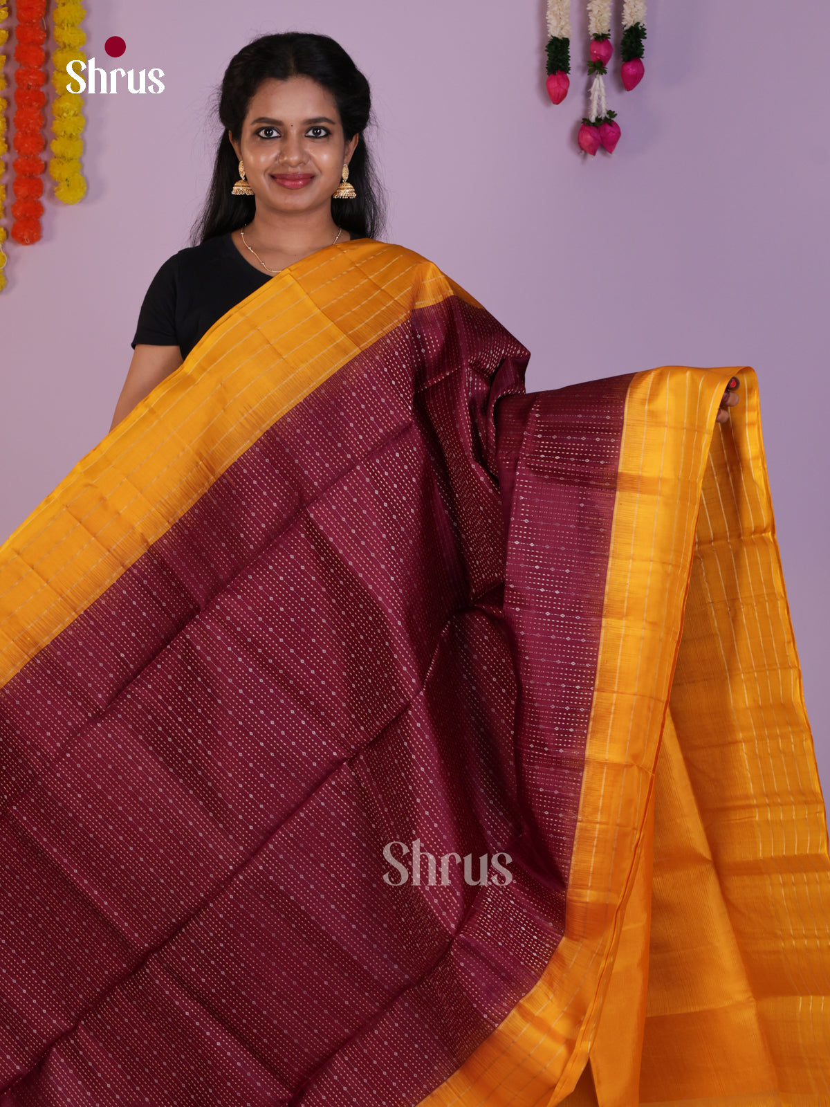 Buy Timeless Maroon Soft Silk Sarees with Dotted Zari Stripes, Mustard Striped Border & Border Pallu