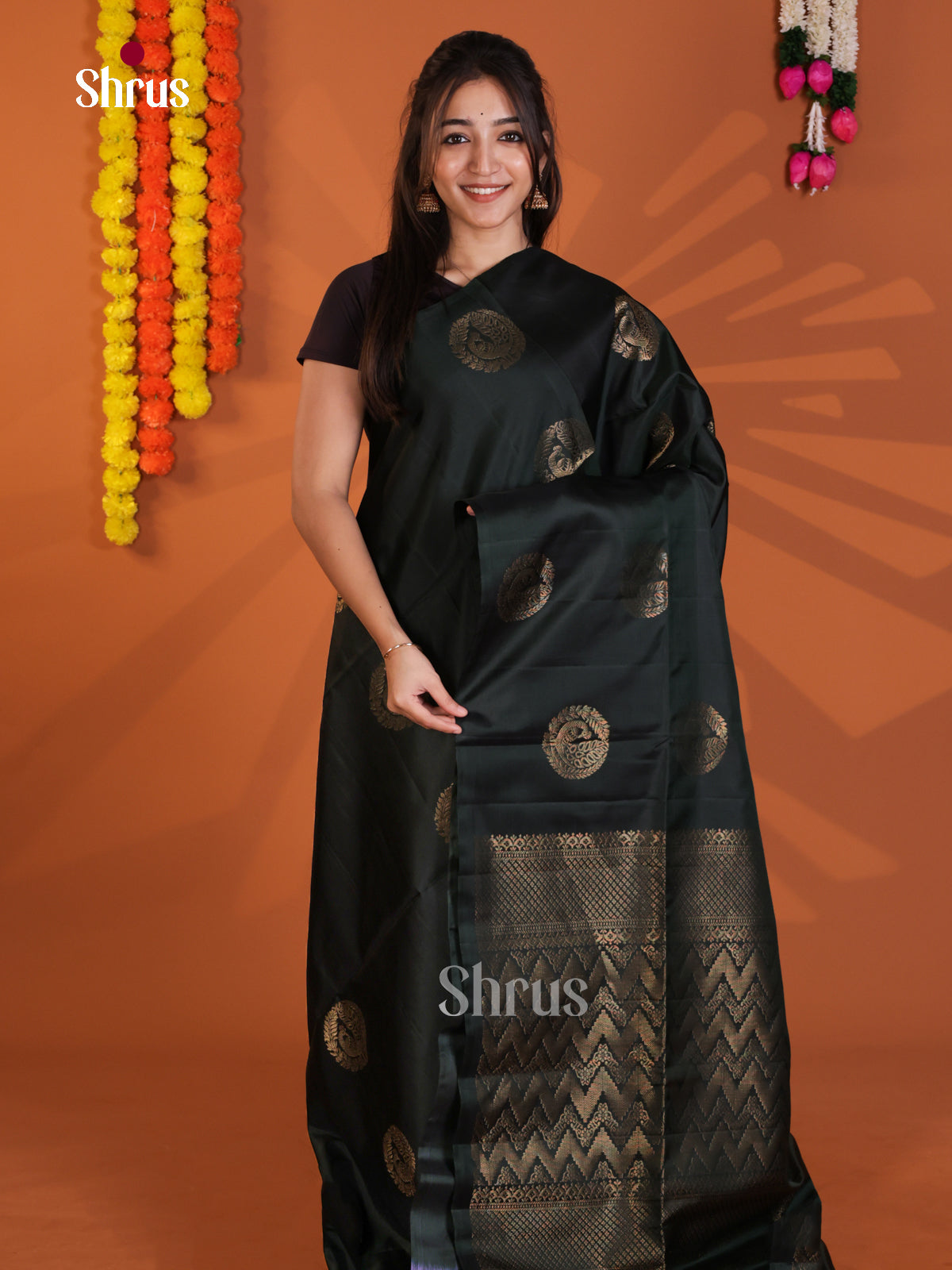Buy Regal Midnight Black Soft Silk Saree With Peacock Motifs & Zari Woven Chevron Pallu