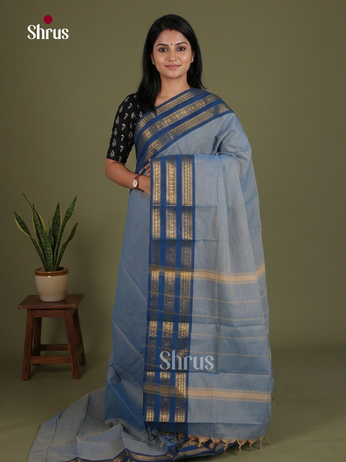 Minimalist Sky Blue Chettinad Cotton Saree With Royal Blue Striped Zari Border