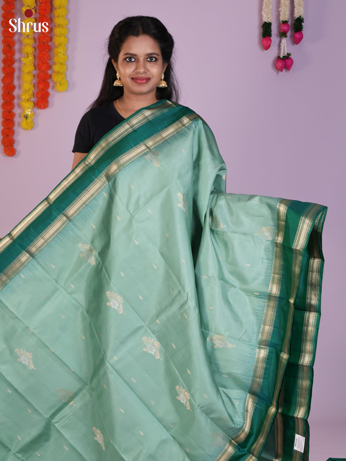Buy Ethereal Mint Green Kanchipuram Saree With Leaf Buttas, Green Rettaipet Border & Brocade Pallu