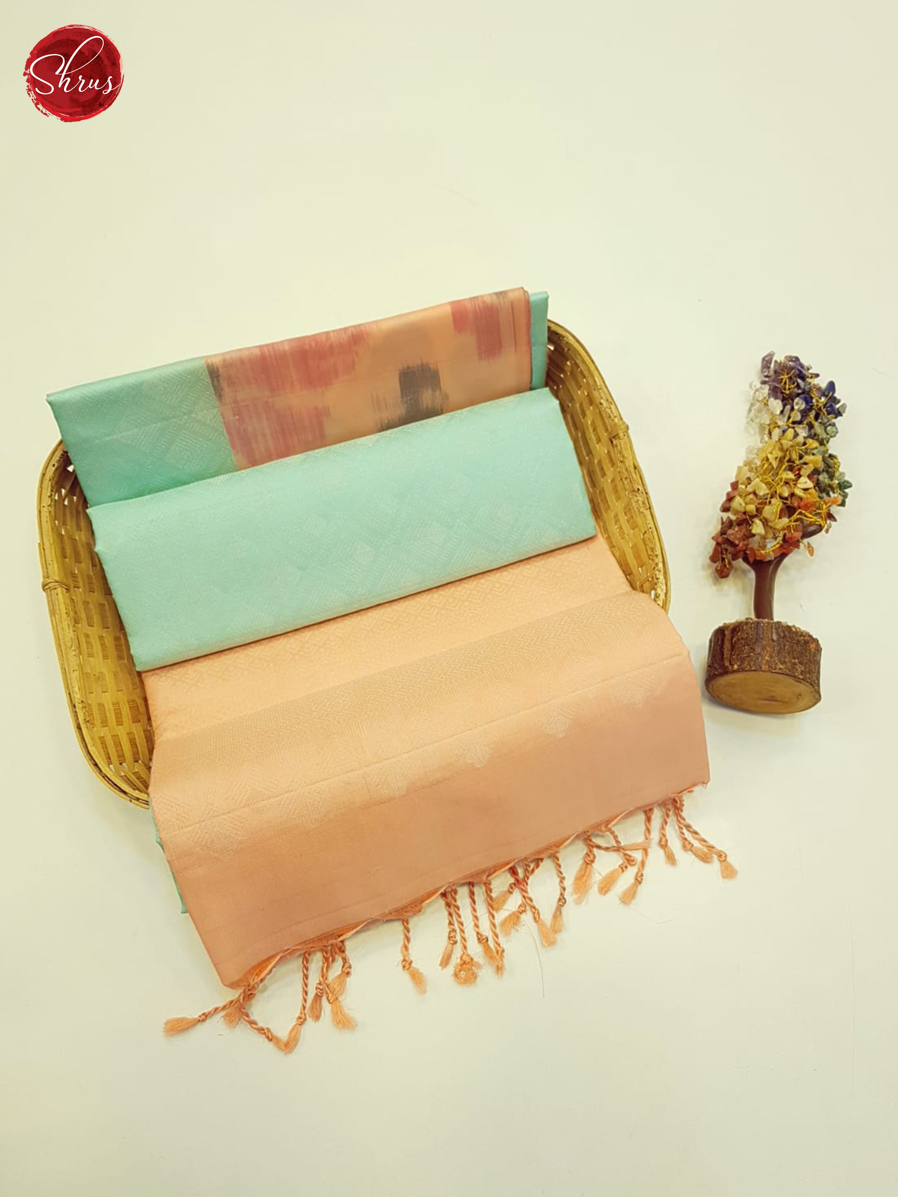 Gorgeous Mint Green Soft Silk Saree With Beige Ikat Patterned Border & Plain Pallu
